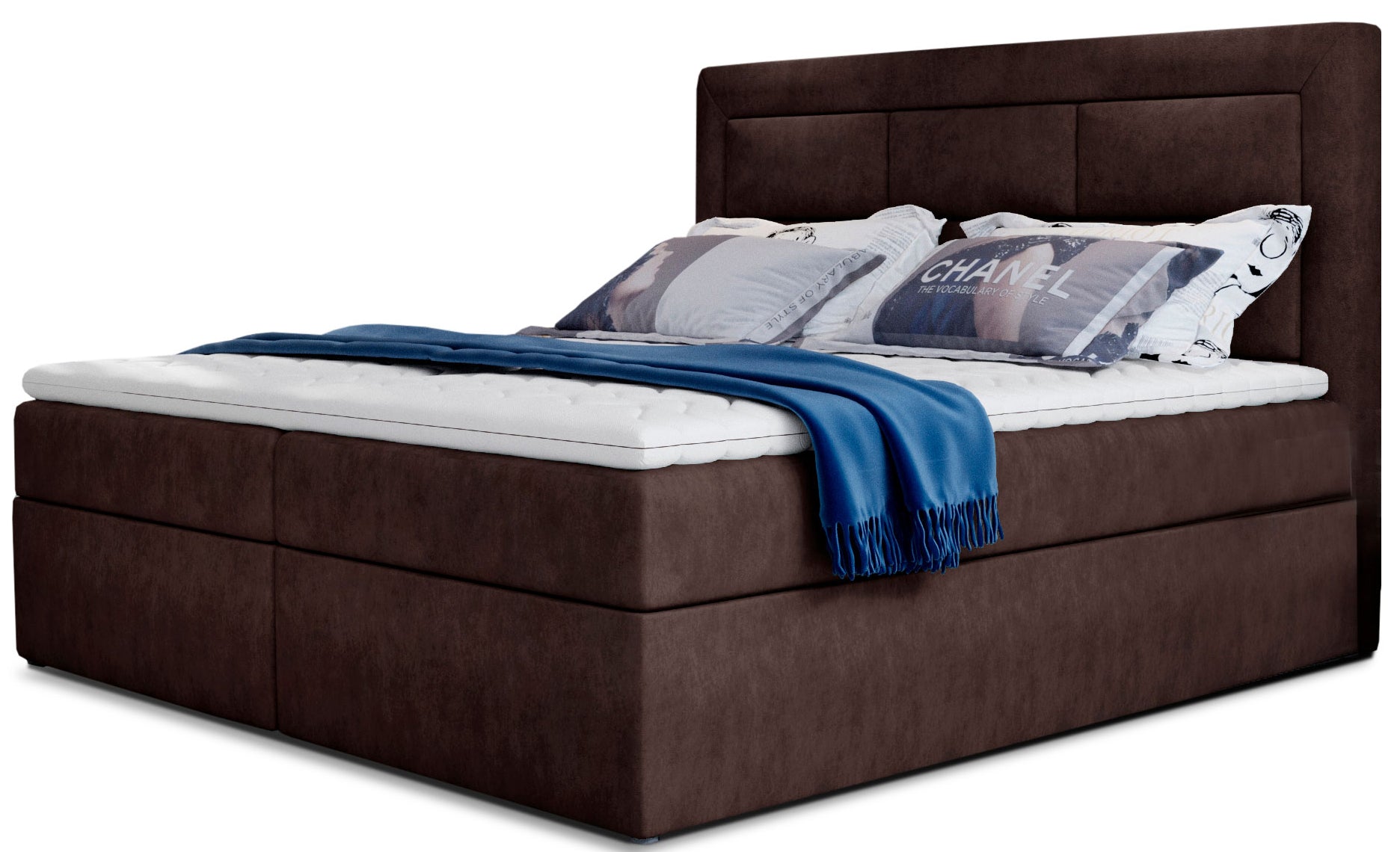 Łóżko kontynentalne Vivre w tkaninie Dora 28 brązowy, rozmiar 180x200 cm, z wysokim tapicerowanym zagłówkiem i eleganckim wykończeniem.