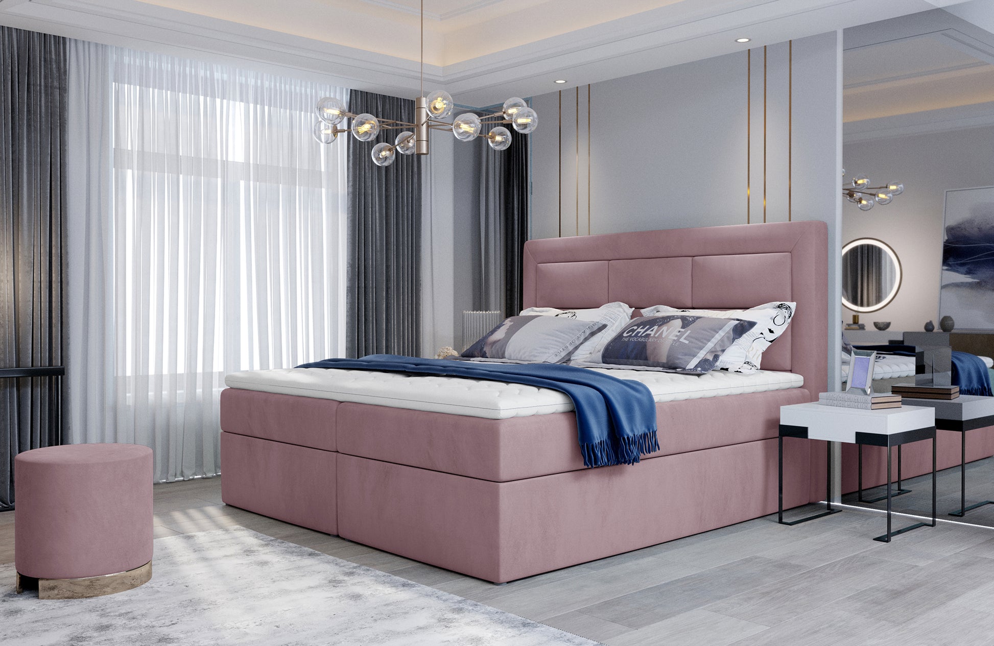 Stylowa sypialnia z łóżkiem Vivre w kolorze Mat Velvet 63 różowy, rozmiar 160x200 cm, z tapicerowanym zagłówkiem i nowoczesną aranżacją wnętrza.