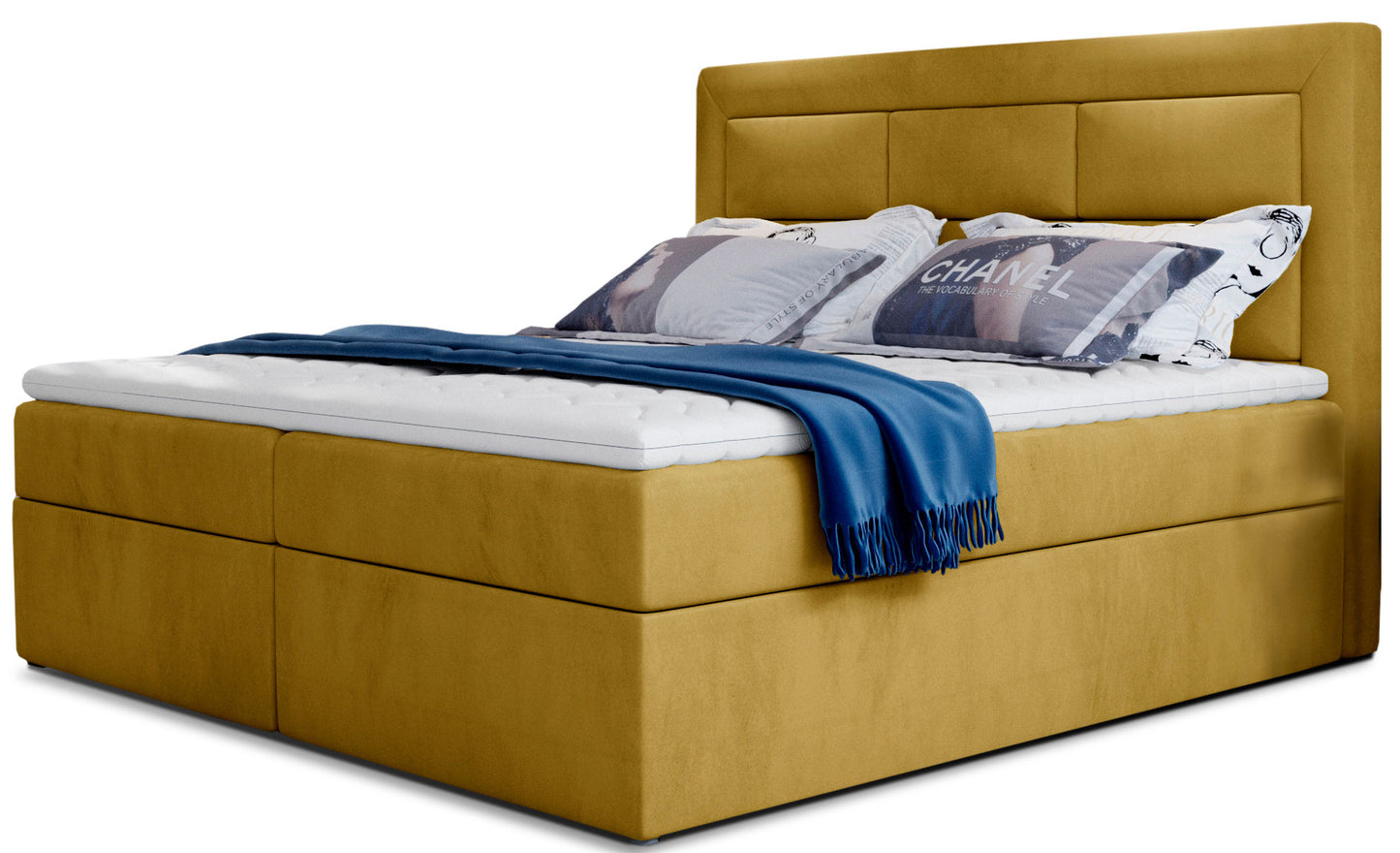 Łóżko kontynentalne Vivre w tkaninie Monolith 48 żółty, rozmiar 160x200 cm, z wysokim tapicerowanym zagłówkiem i eleganckim wykończeniem.