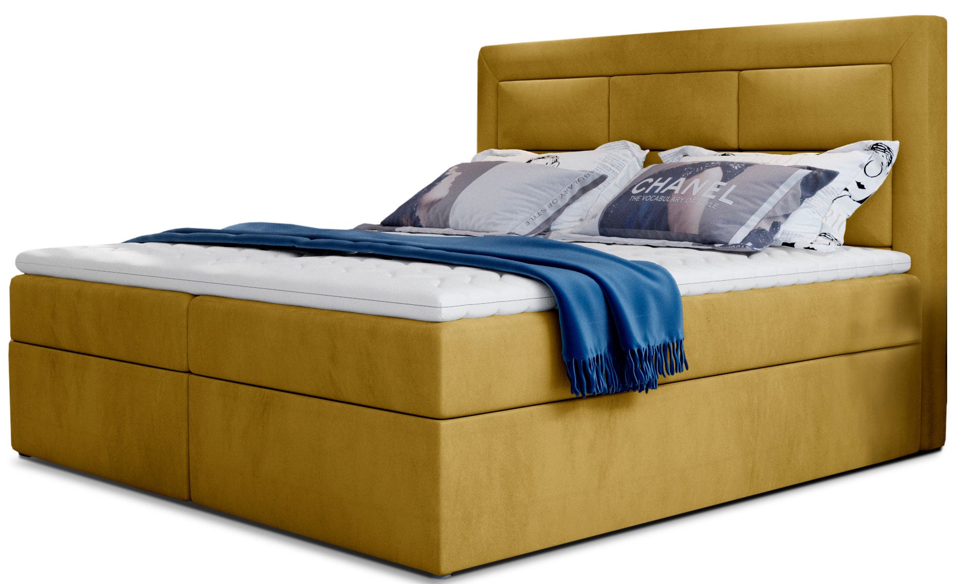 Łóżko kontynentalne Vivre w tkaninie Monolith 48 żółty, rozmiar 160x200 cm, z wysokim tapicerowanym zagłówkiem i eleganckim wykończeniem.