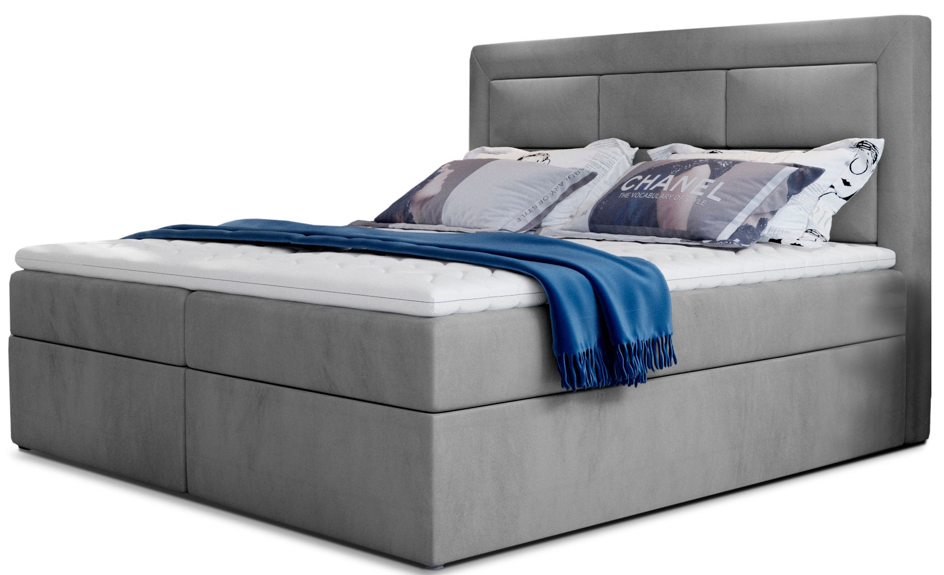 Łóżko kontynentalne Vivre w tkaninie Monolith 84 jasnoszary, rozmiar 160x200 cm, z wysokim tapicerowanym zagłówkiem i eleganckim wykończeniem.