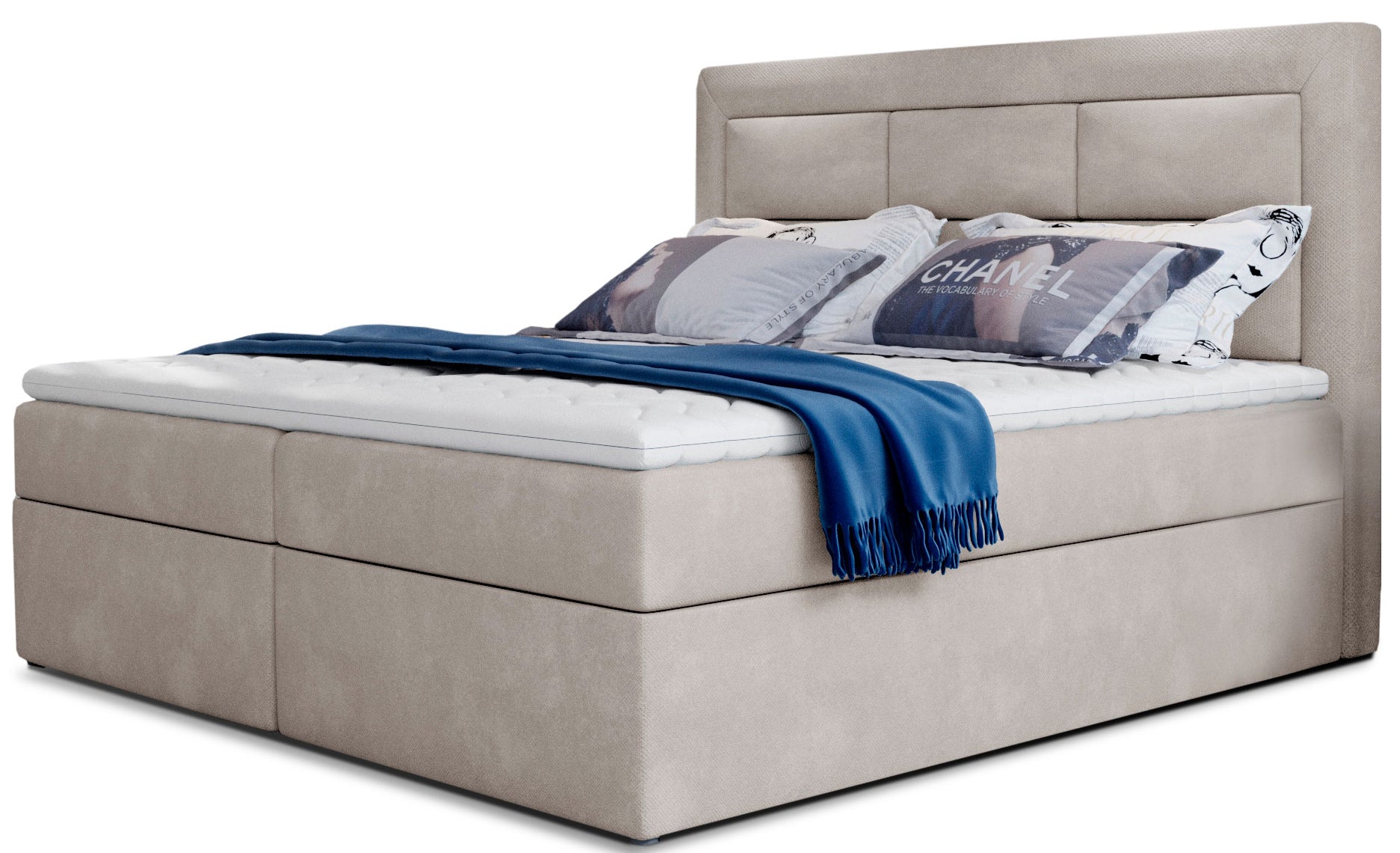 Łóżko kontynentalne Vivre w tkaninie Mat Pros 02 beżowy, rozmiar 160x200 cm, z wysokim tapicerowanym zagłówkiem i eleganckim wykończeniem.