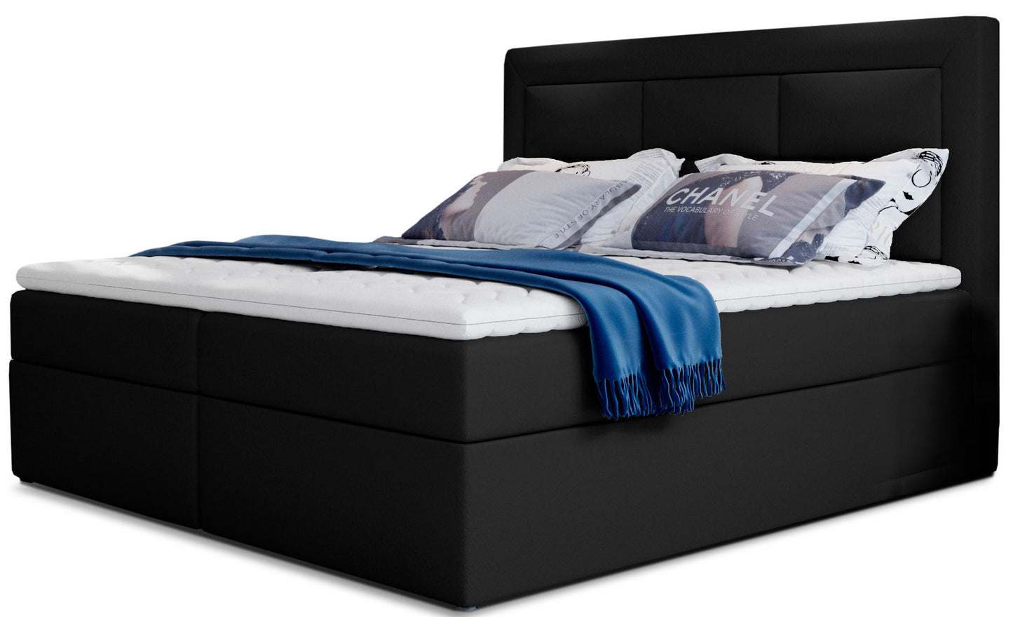 Łóżko kontynentalne Vivre w tkaninie Soft 11 czarny, rozmiar 160x200 cm, z wysokim tapicerowanym zagłówkiem i eleganckim wykończeniem.