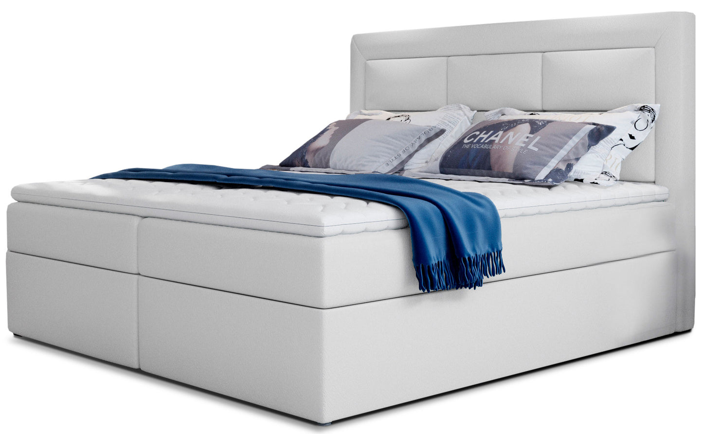 Łóżko kontynentalne Vivre w tkaninie Soft 17 biały, rozmiar 160x200 cm, z wysokim tapicerowanym zagłówkiem i eleganckim wykończeniem.