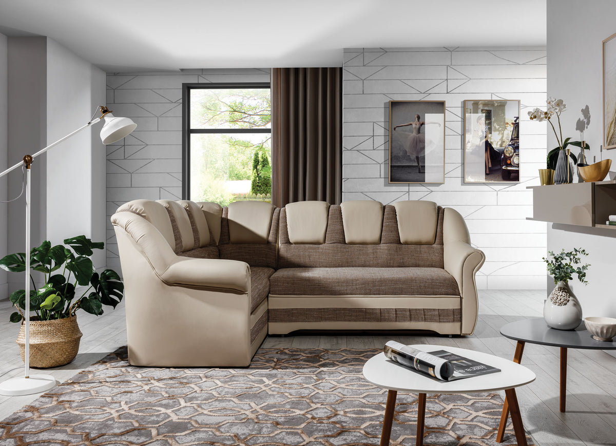Luksusowy narożnik Lord II w odcieniach ciemnego beżu i jasnego kremu prezentujący funkcję spania oraz komfortowe oparcia. Designerski narożnik wypoczynkowy do przestronnego salonu inspirowanego nowoczesnym stylem premium.
