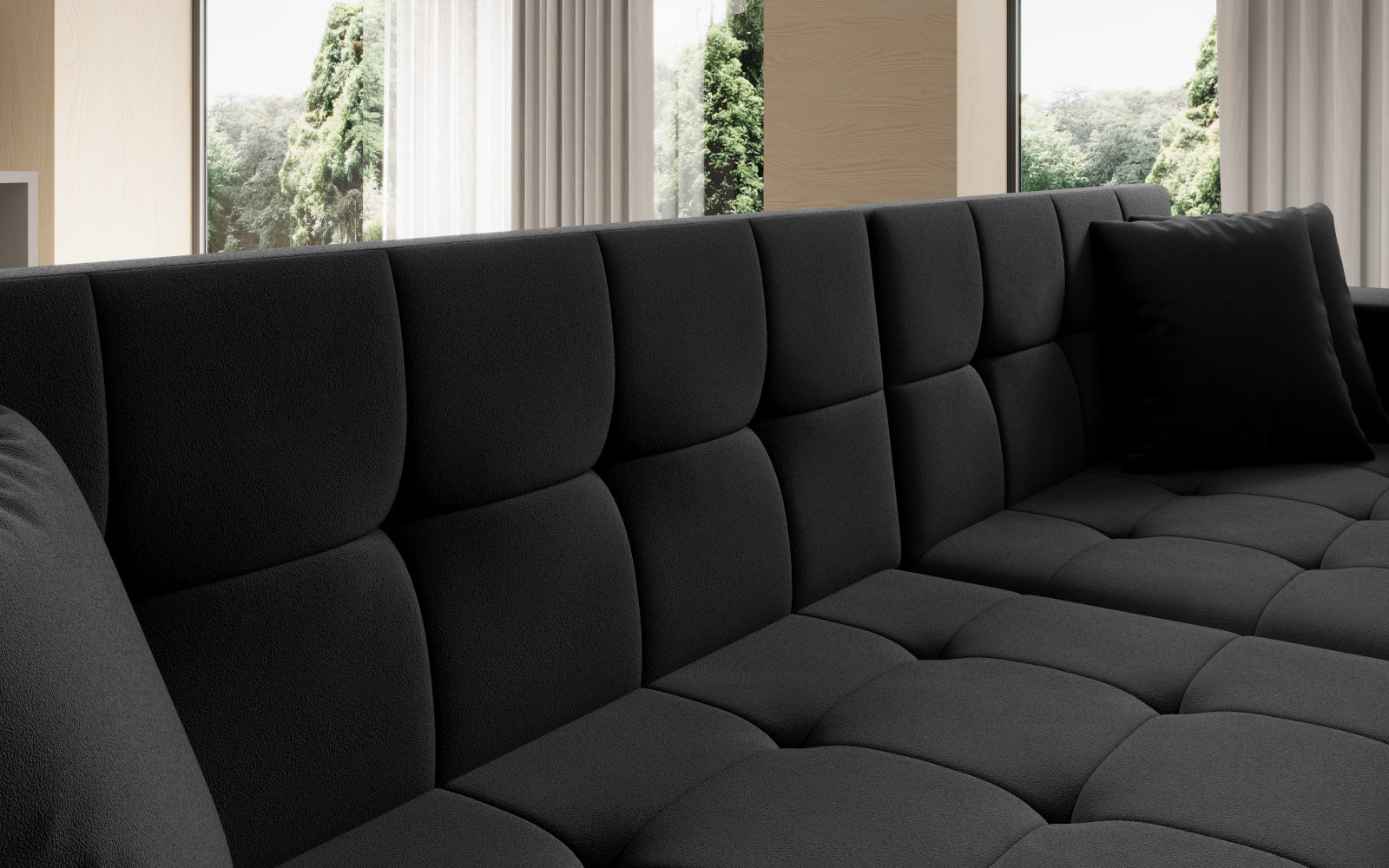 Duży narożnik Solange prawy w tkaninie Matt Velvet 99 w kolorze czarnym to komfortowa sofa wypoczynkowa, która łączy funkcjonalność z eleganckim i minimalistycznym stylem wnętrza.