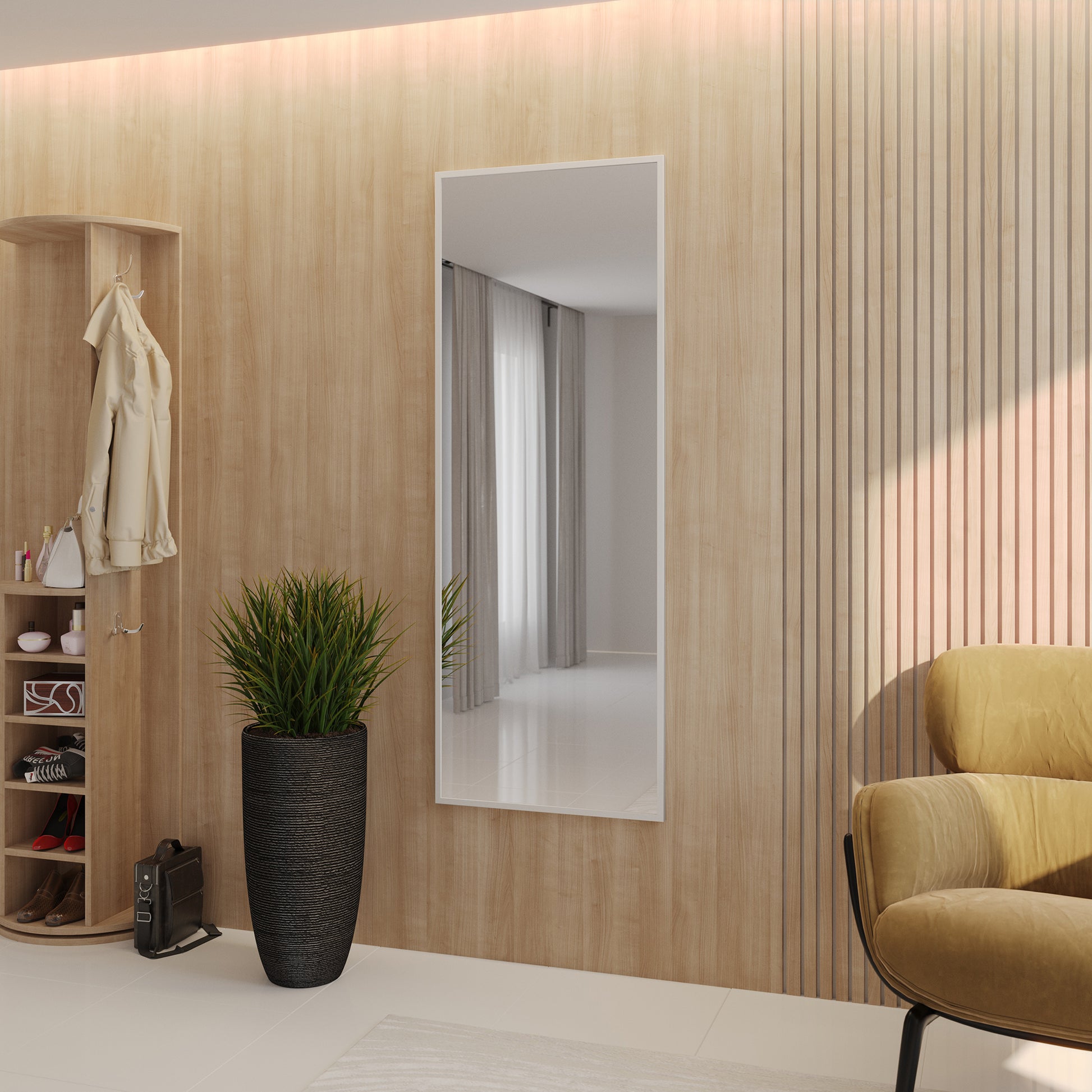 Lustro Aruba białe – aranżacja w przedpokoju – duże prostokątne lustro w białej ramie zawieszone na drewnianej ścianie, obok szafy i fotela.