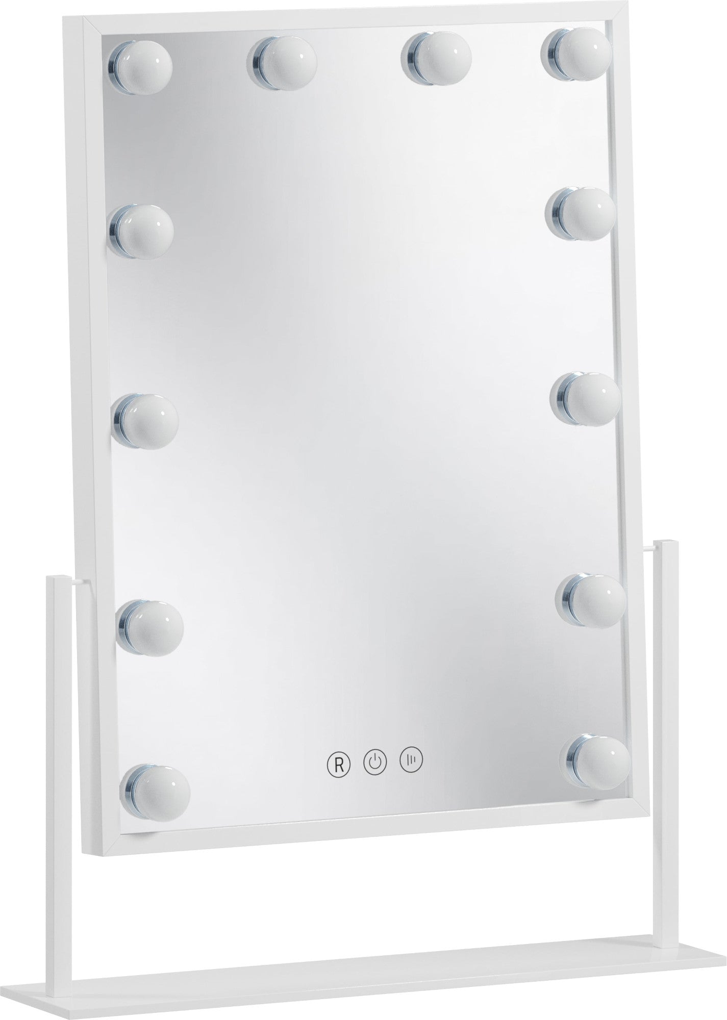 Prostokątne lustro Flamnate 30×47 cm z białą, minimalistyczną ramą i otoczone dwunastoma kulistymi żarówkami na białym tle.