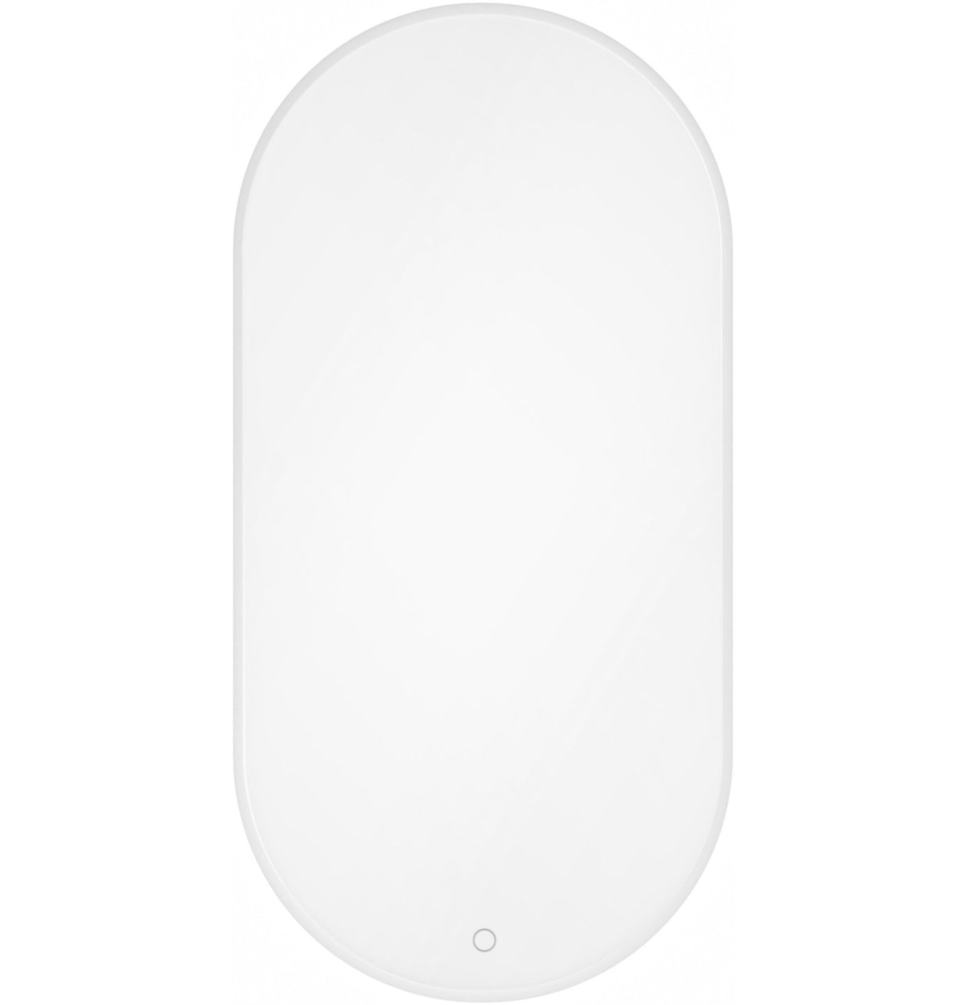 Białe owalne lustro Arducati A 50×100 cm na białym tle z dyskretnym okrągłym przyciskiem dotykowym u dołu obramowania.