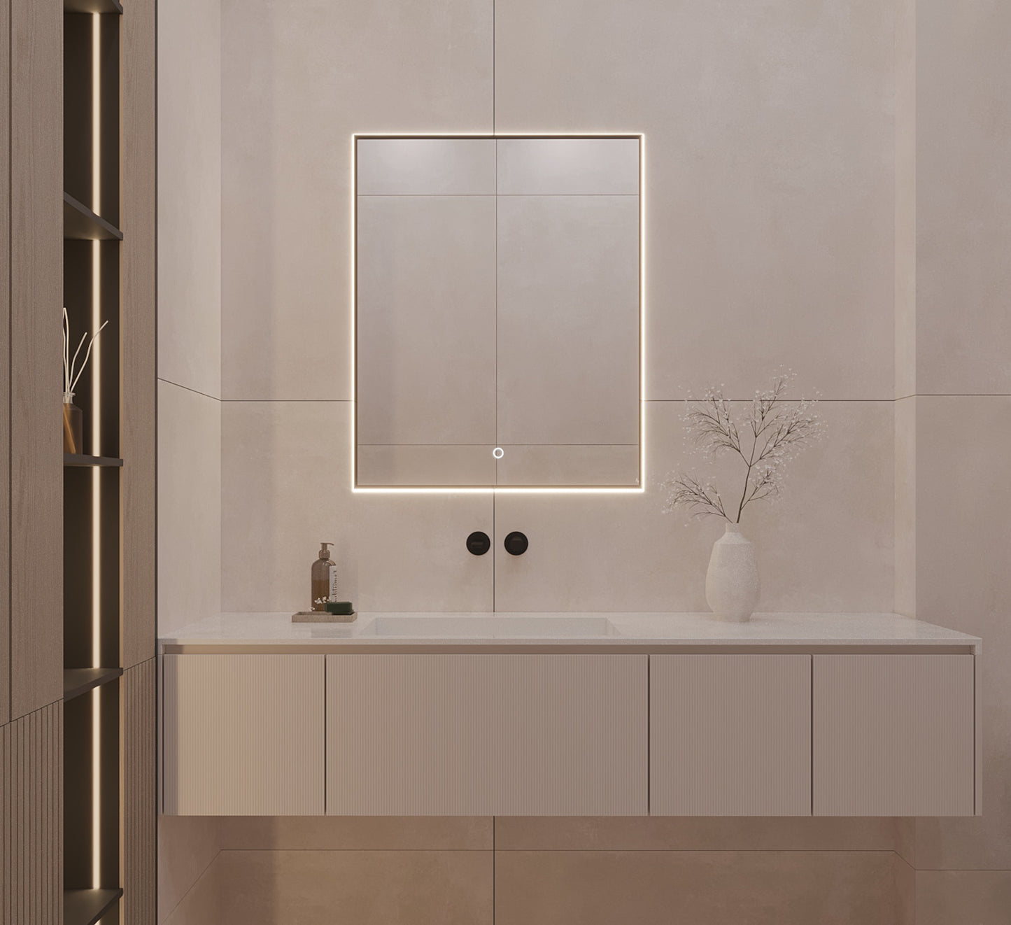 Czarne lustro Vixisse 66×81 cm zawieszone nad umywalką w nowoczesnej łazience, z funkcją dotykowego włączania oświetlenia LED.