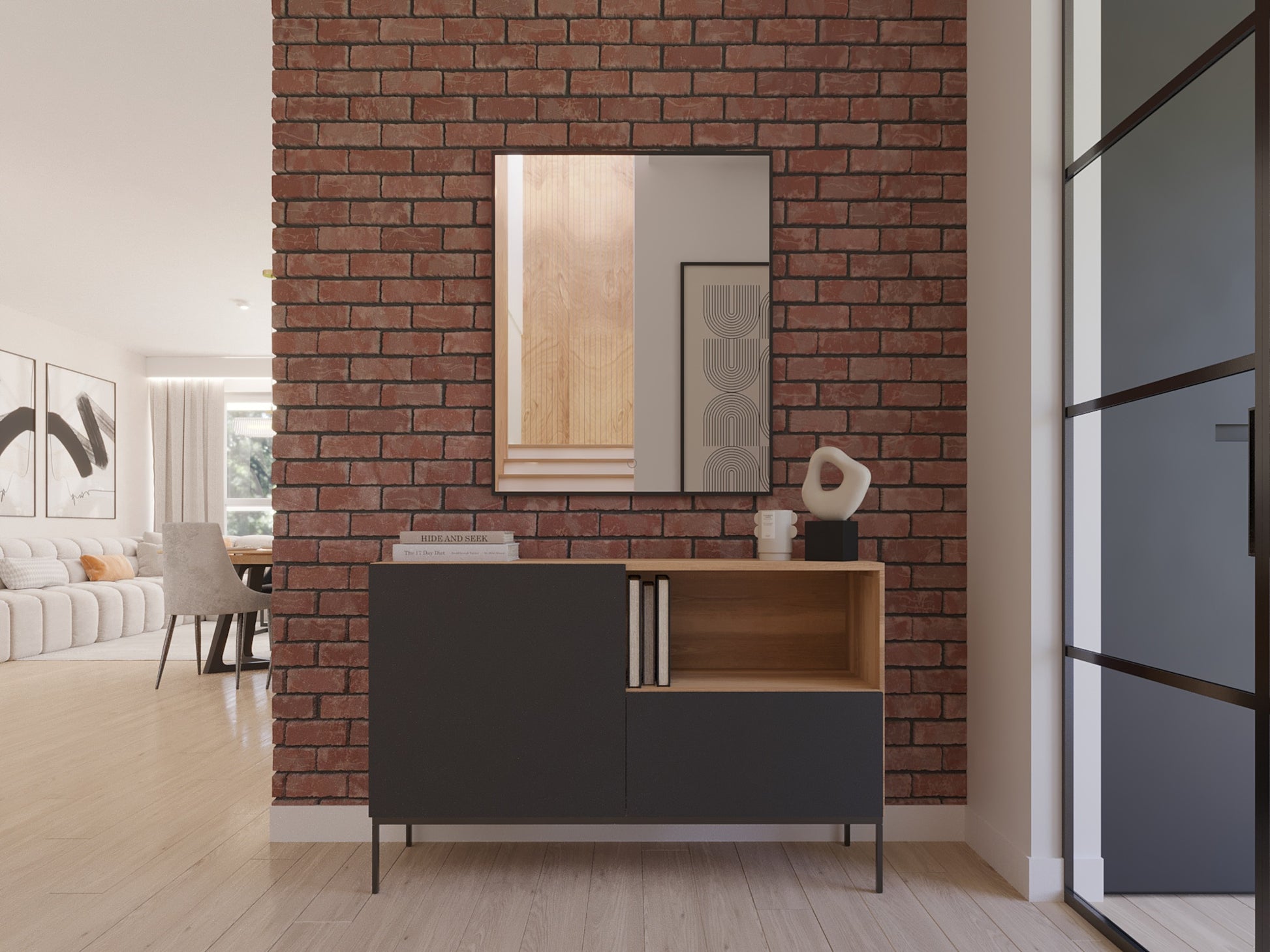 Czarne lustro Vixisse 66×81 cm z aktywowanym podświetleniem LED, oświetlające ceglaną ścianę i meblową konsolę w przytłumionym świetle.