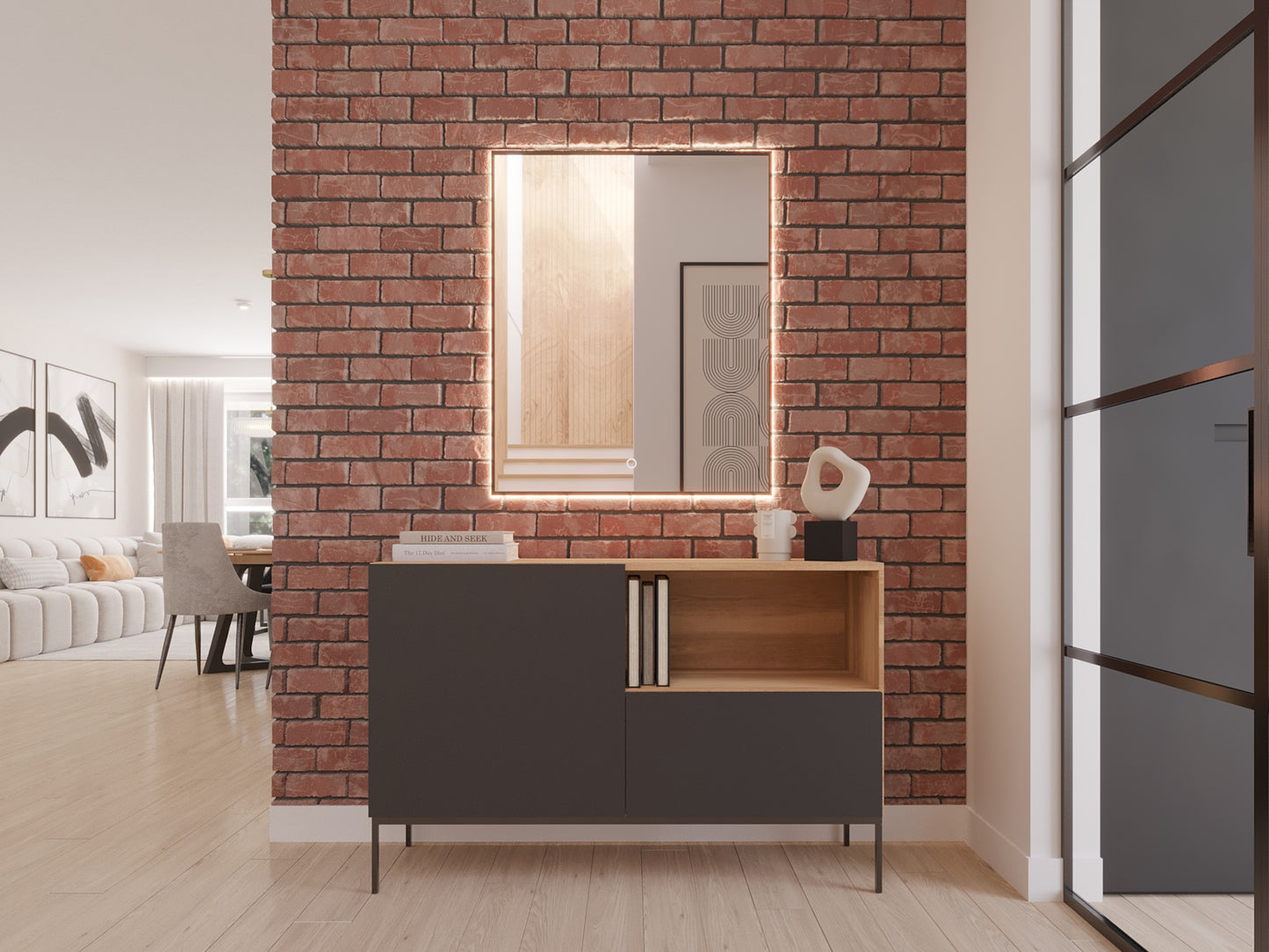 Czarne lustro Vixisse 66×81 cm z cienką ramą i dotykowym panelem, zawieszone nad jasnym stołem w przestronnym holu z widokiem na salon.