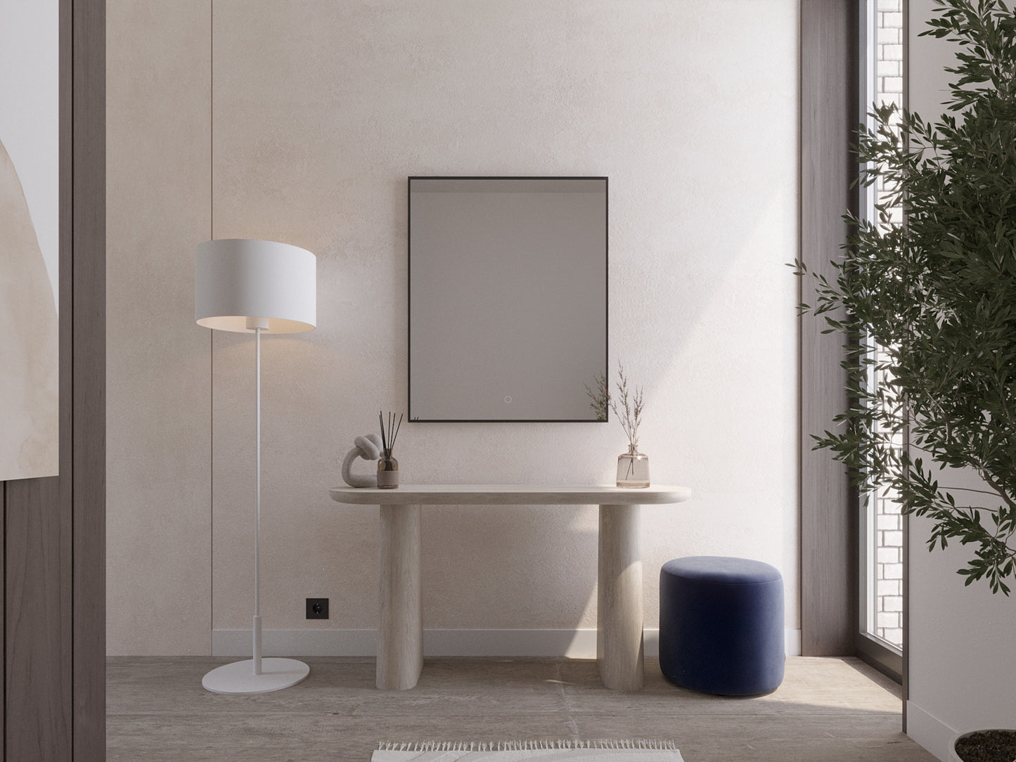 Czarne lustro Vixisse 66×81 cm z minimalistyczną ramą, powieszone przy wejściu do domu na tle jasnej ściany obok okna.