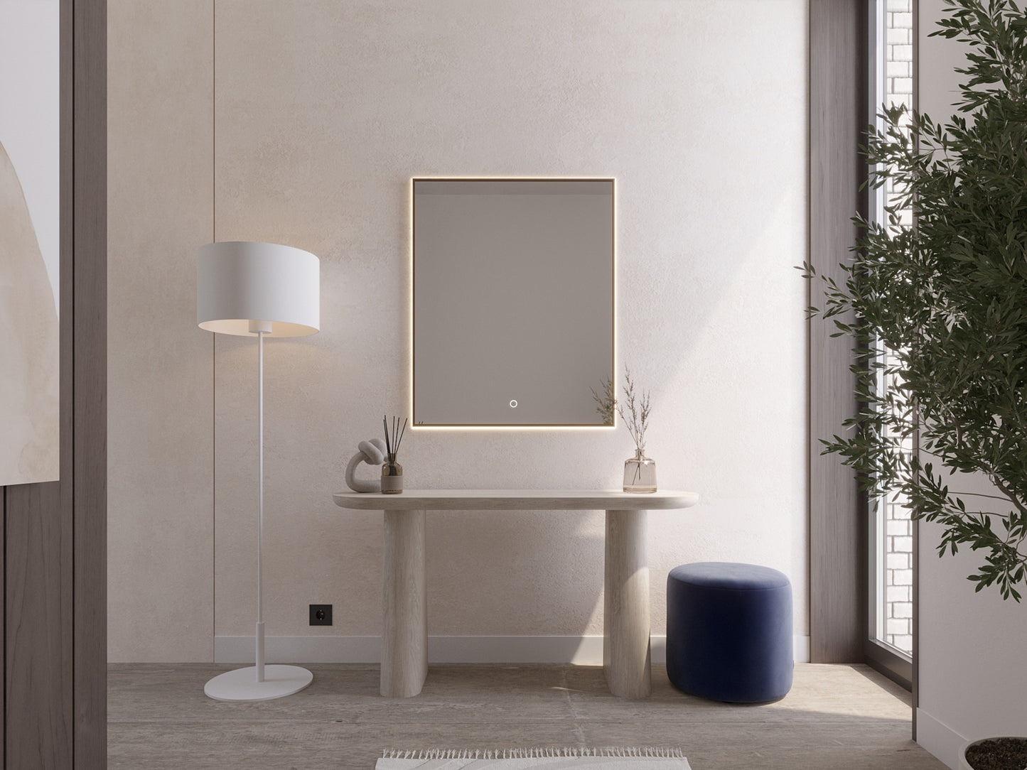 Czarne lustro Vixisse 66×81 cm z włączonym, ciepłym podświetleniem LED wokół całej ramy, zawieszone w korytarzu podczas wieczornej aranżacji.