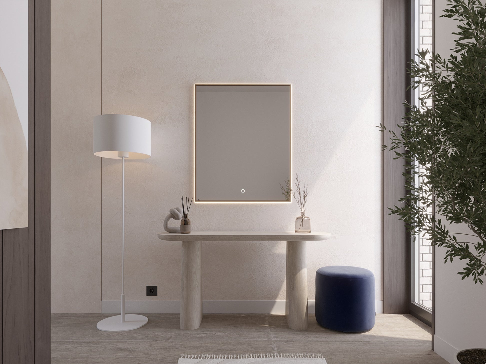 Czarne lustro Vixisse 66×81 cm z włączonym, ciepłym podświetleniem LED wokół całej ramy, zawieszone w korytarzu podczas wieczornej aranżacji.