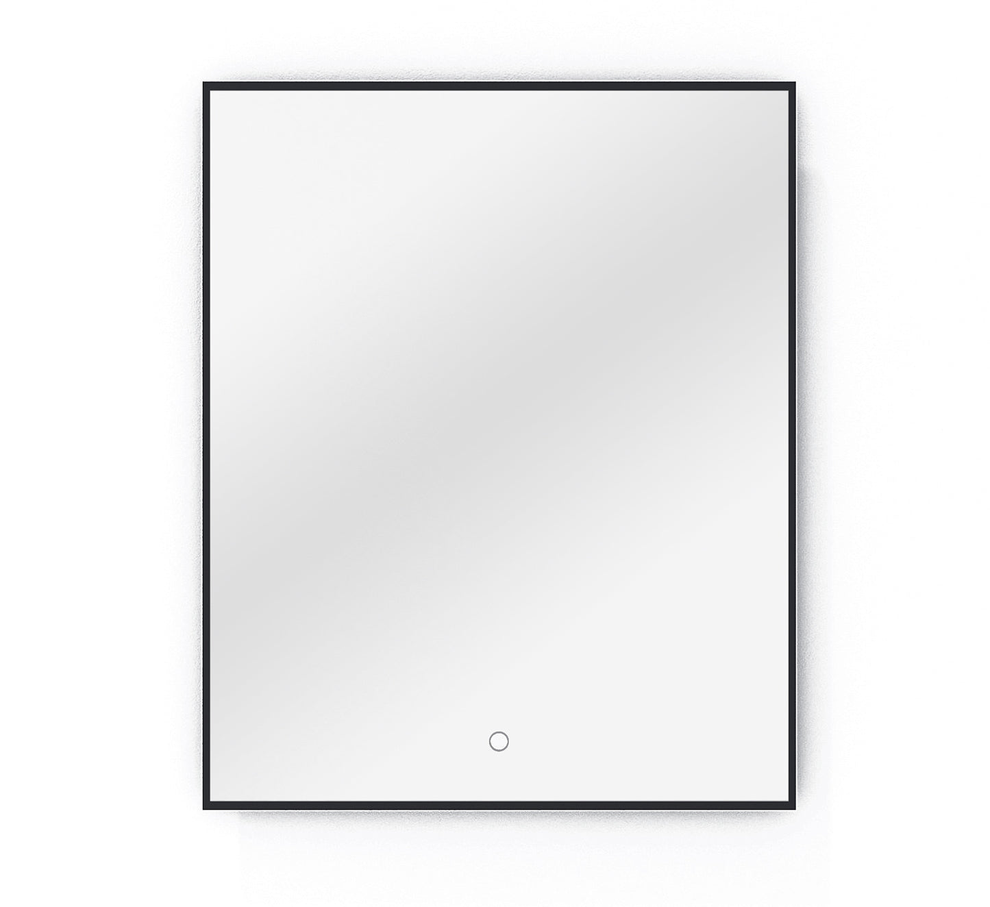 Czarne, prostokątne lustro Vixisse 66×81 cm z cienką ramą i dotykowym przyciskiem na białym tle.