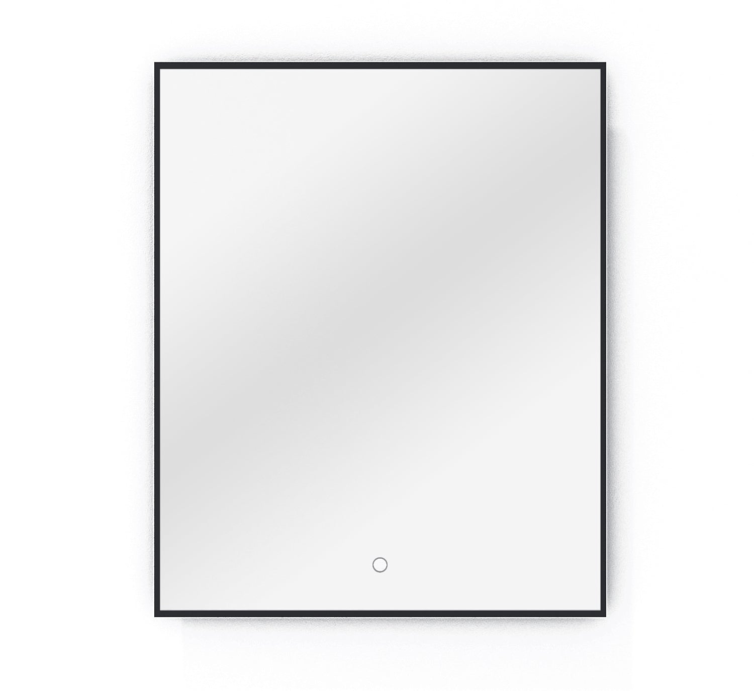 Czarne, prostokątne lustro Vixisse 66×81 cm z cienką ramą i dotykowym przyciskiem na białym tle.