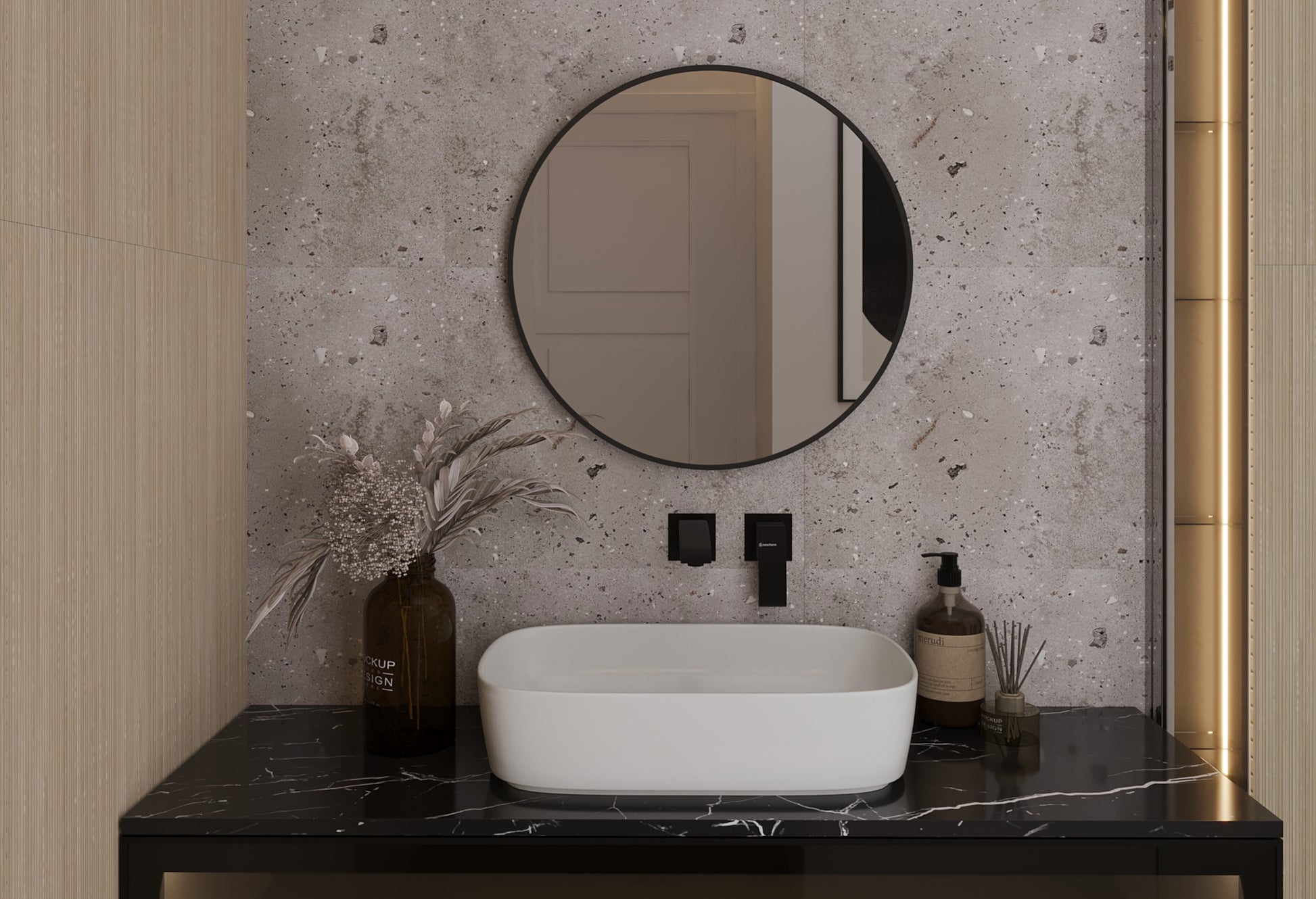 Lustro Divissi 60 cm zamontowane w łazience nad umywalką nablatową z czarną armaturą i betonową ścianą.