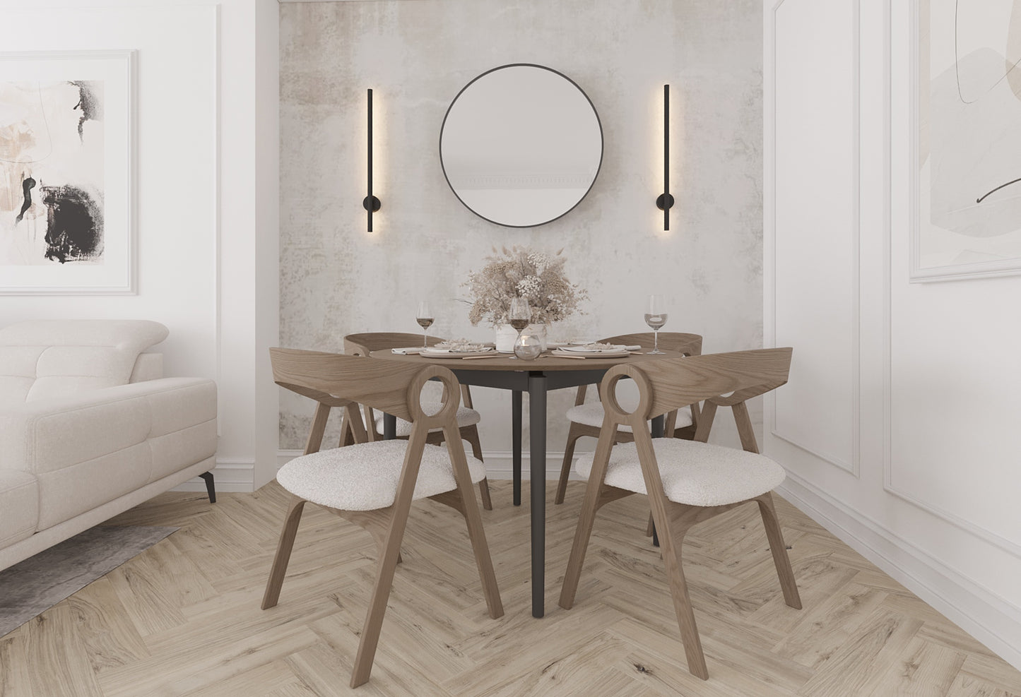 Lustro okrągłe Divissi 60 cm w aranżacji jadalni nad stołem z drewnianymi krzesłami, otoczone nowoczesnym oświetleniem.