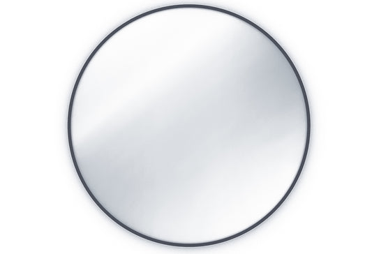 Okrągłe lustro Divissi 60 cm z cienką ramą w kolorze czarnym, widok produktu na białym tle.