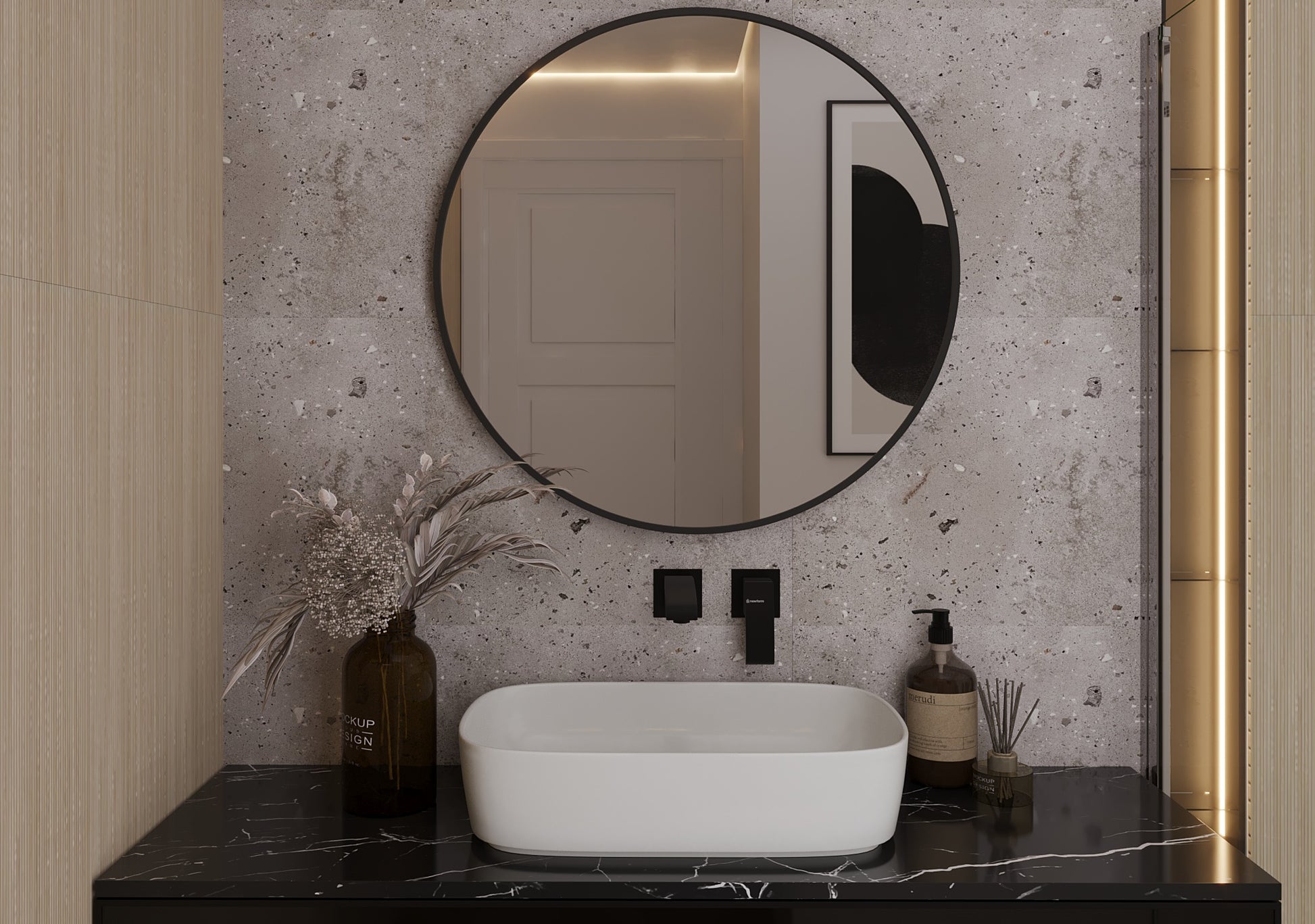 Lustro Divissi 80 cm zamontowane w łazience nad umywalką nablatową na tle betonowej ściany.