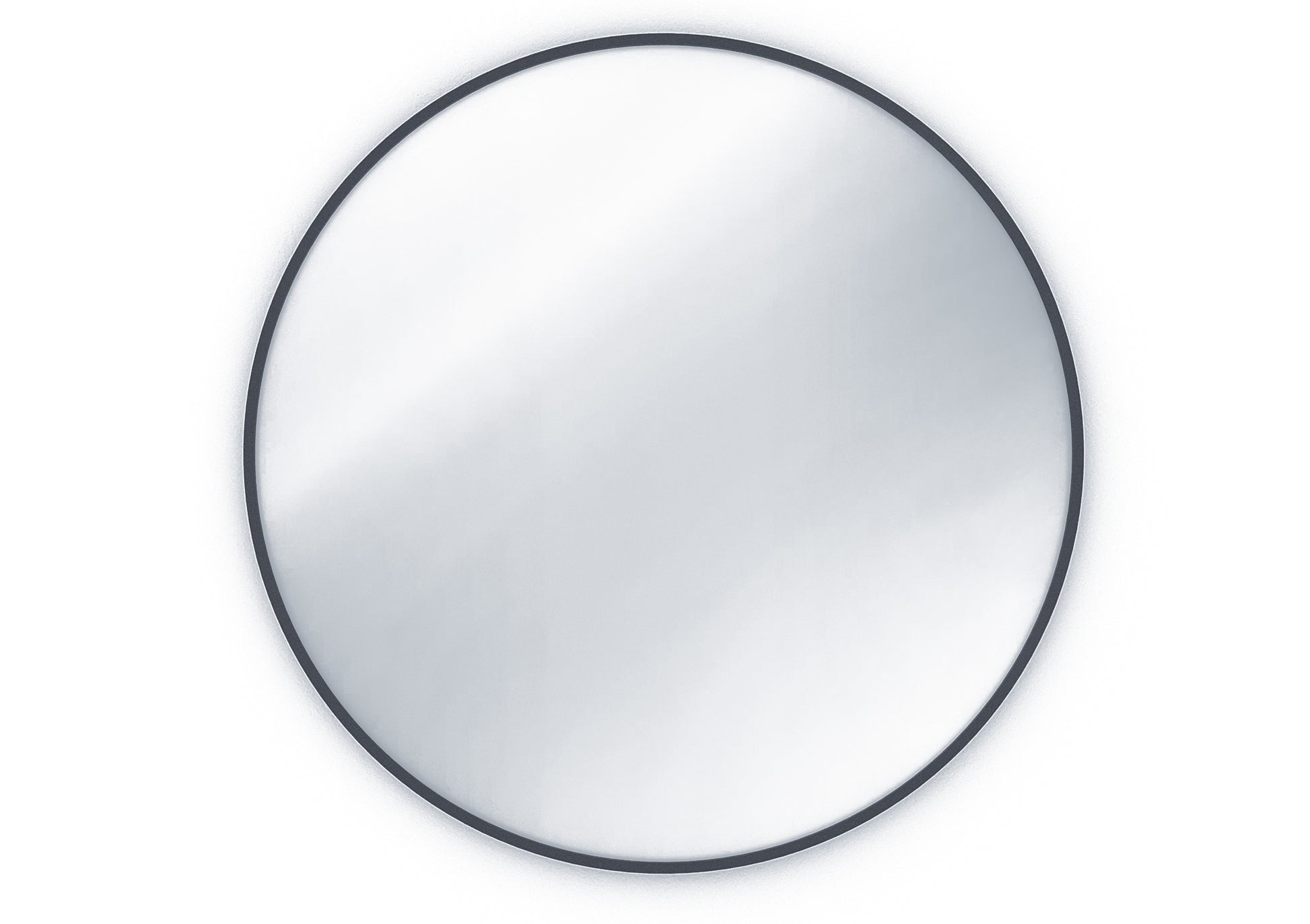 Okrągłe lustro Divissi 80 cm z cienką czarną ramą, widok produktu na białym tle.