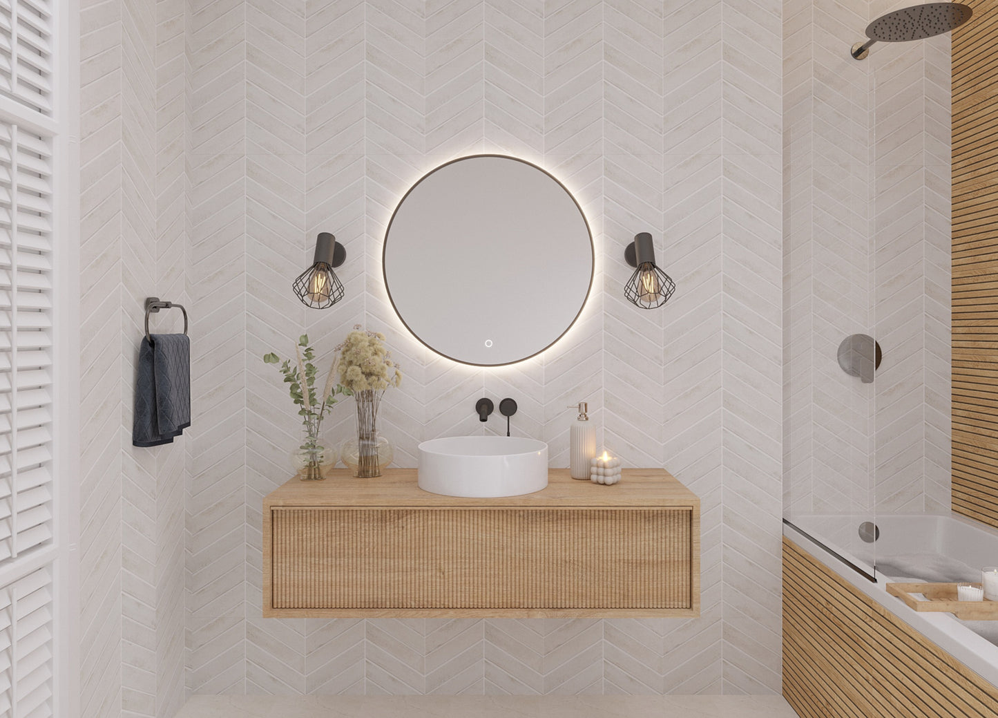 Lustro łazienkowe Divissi A 60 cm LED zamontowane nad umywalką na drewnianej szafce w nowoczesnej łazience.