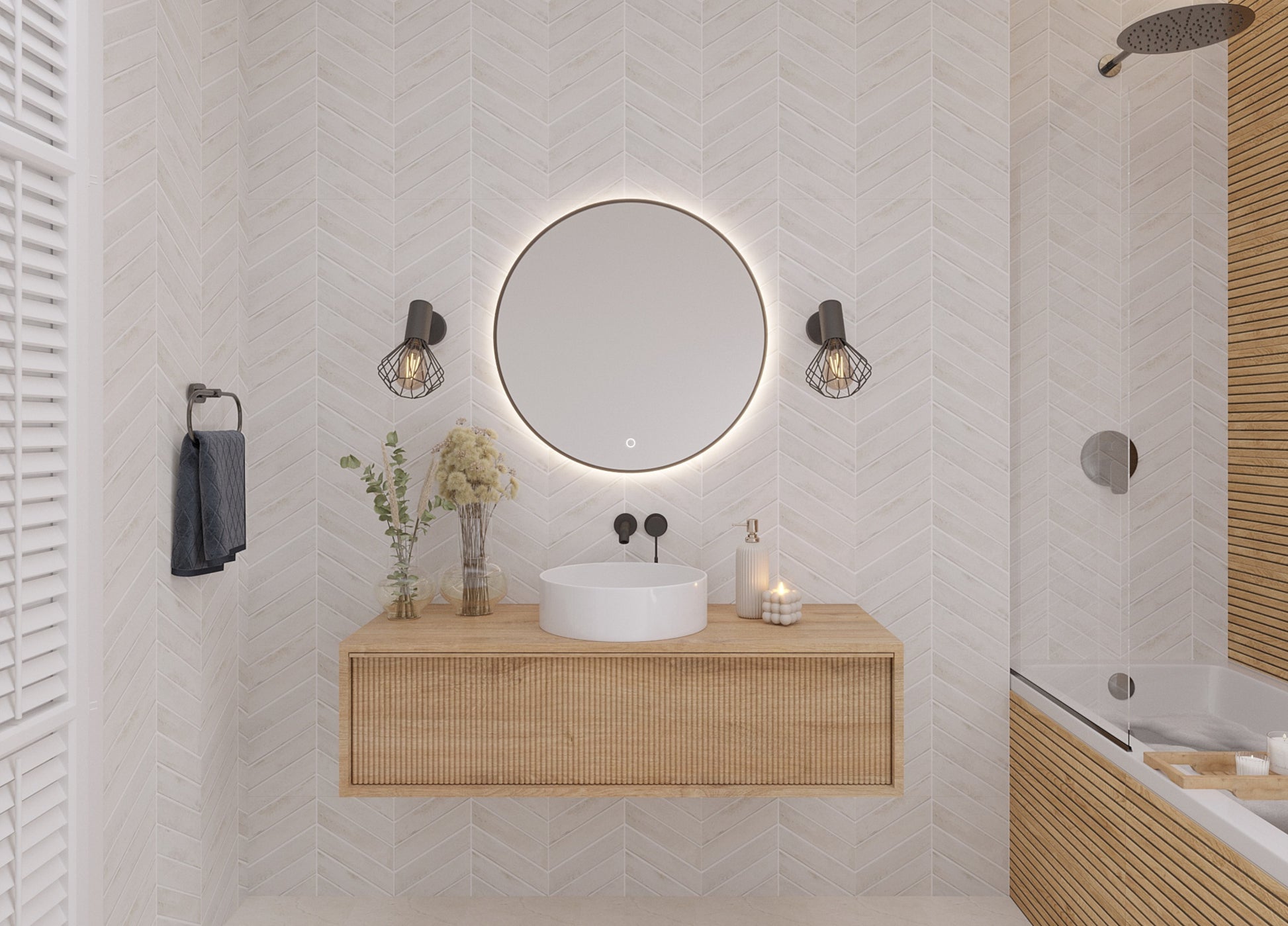 Lustro łazienkowe Divissi A 60 cm LED zamontowane nad umywalką na drewnianej szafce w nowoczesnej łazience.