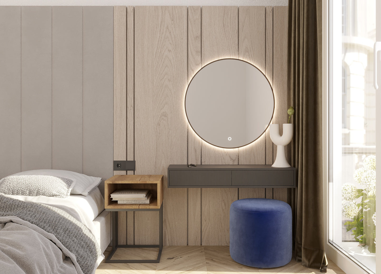 Designerskie lustro Divissi A 60 cm z podświetleniem LED umieszczone nad toaletką w sypialni w stylu nowoczesnym.