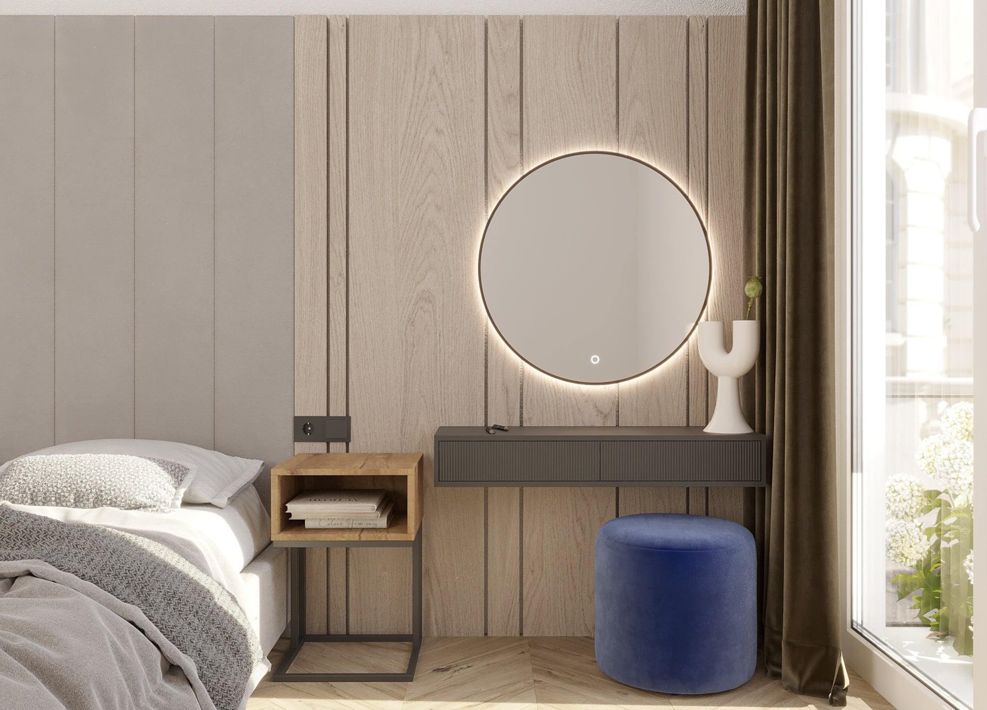 Designerskie lustro Divissi A 60 cm z podświetleniem LED umieszczone nad toaletką w sypialni w stylu nowoczesnym.