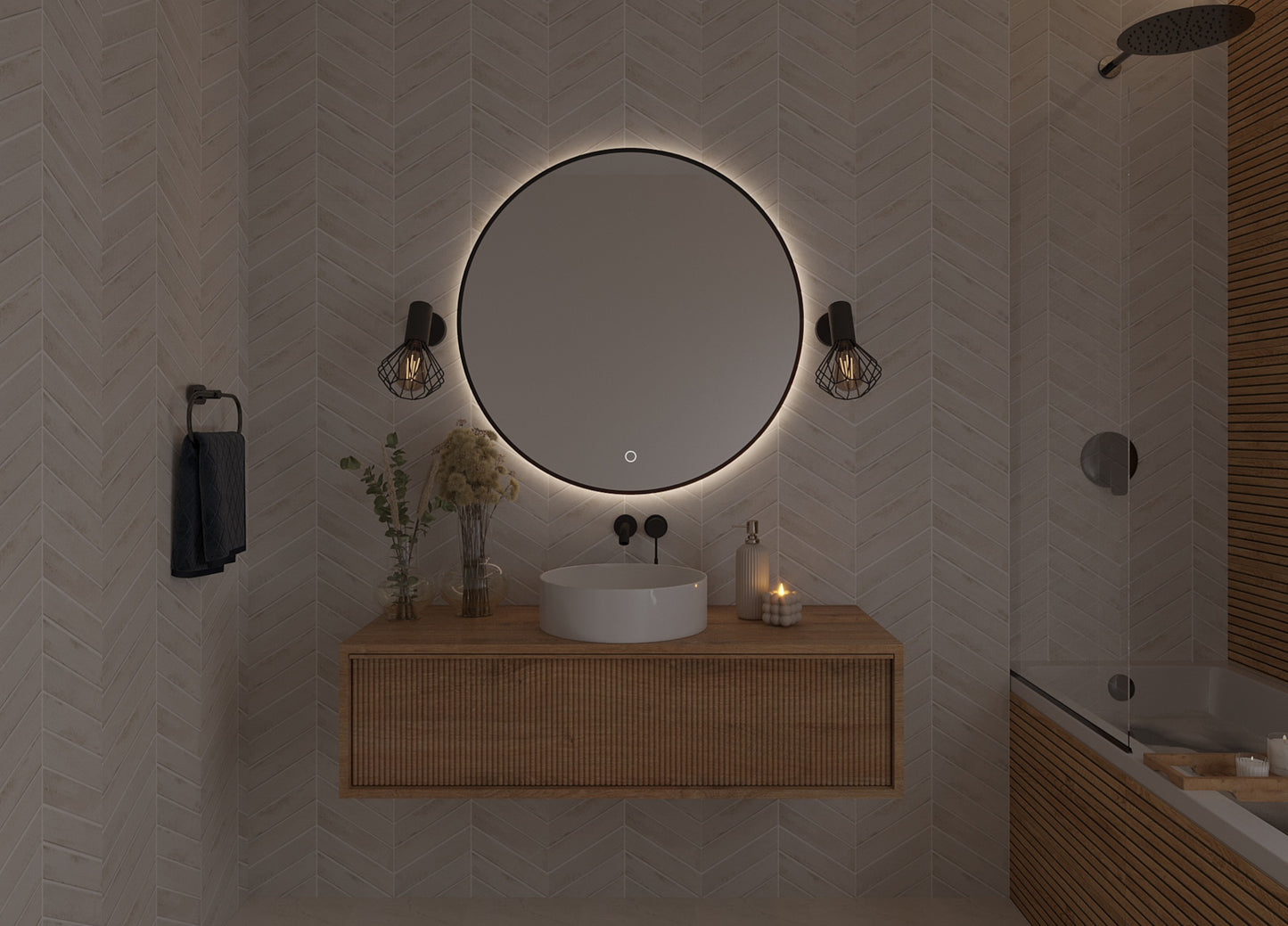 Lustro okrągłe Divissi A 60 cm LED w łazience, efekt podświetlenia wieczorem z nastrojowym oświetleniem.