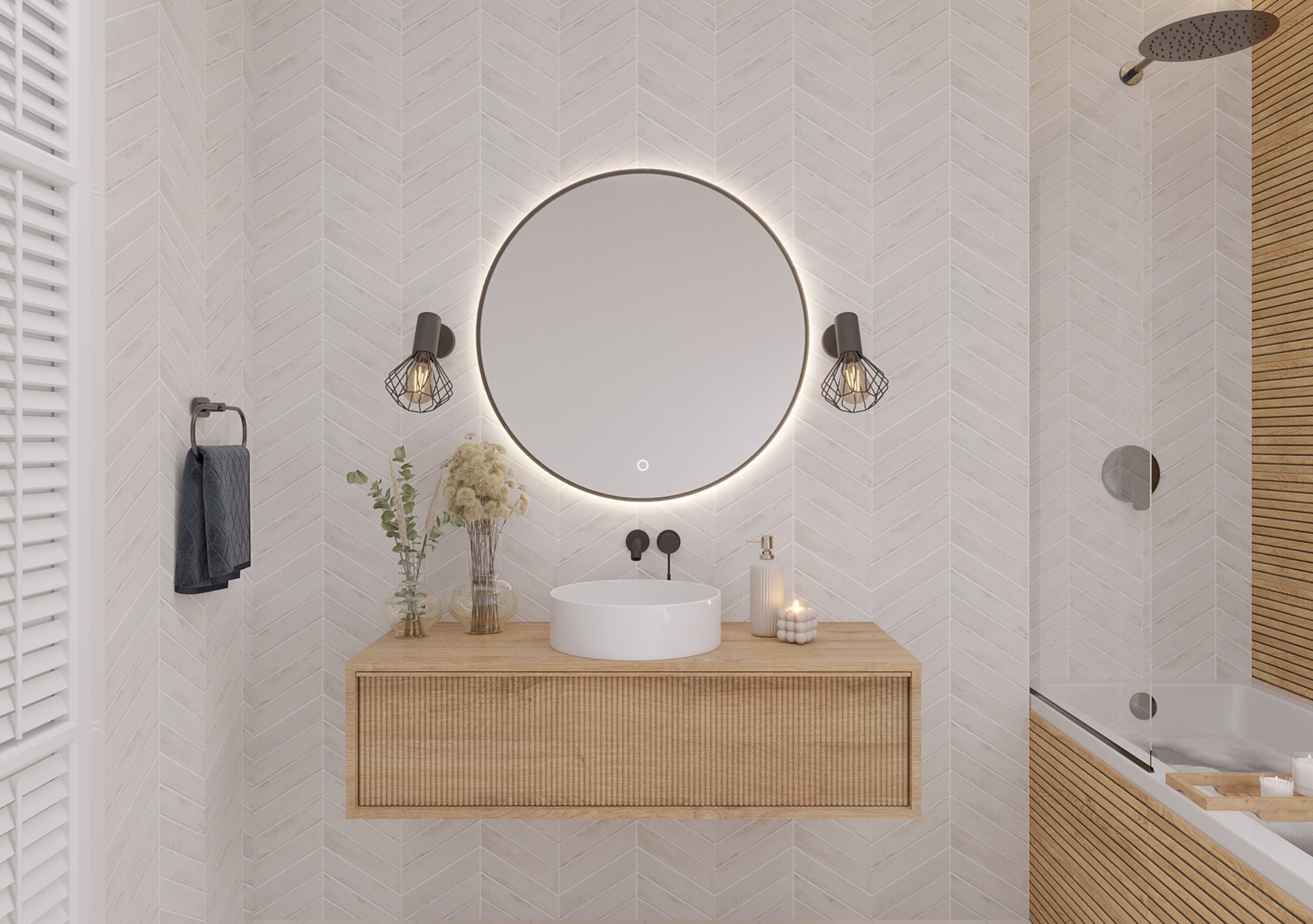 Lustro Divissi A 80 cm LED w łazience nad umywalką na drewnianej szafce, nowoczesna aranżacja z jasnymi płytkami.