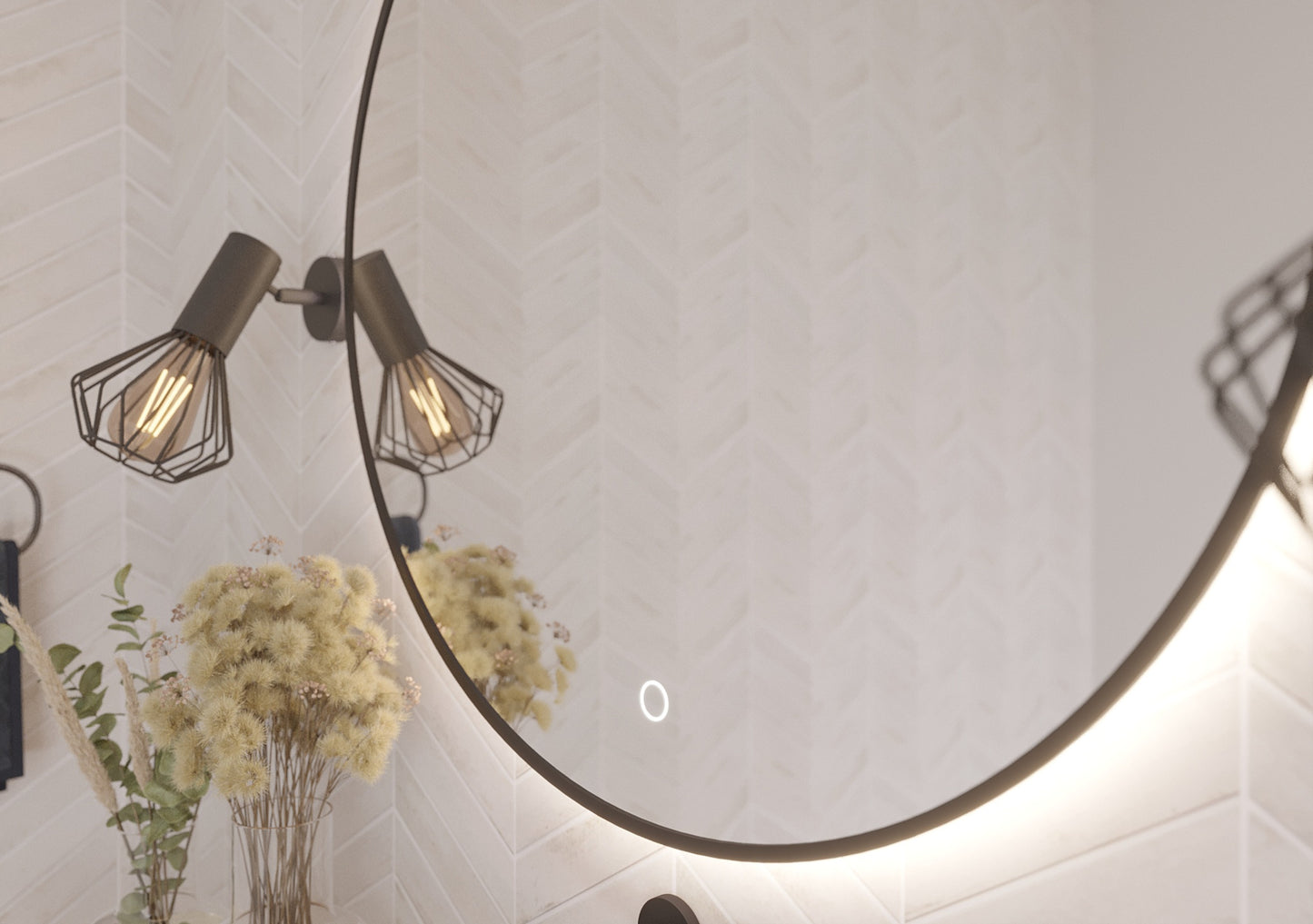 Zbliżenie na lustro Divissi A 80 cm z podświetleniem LED i dotykowym przyciskiem, widok detalu w aranżacji łazienkowej.