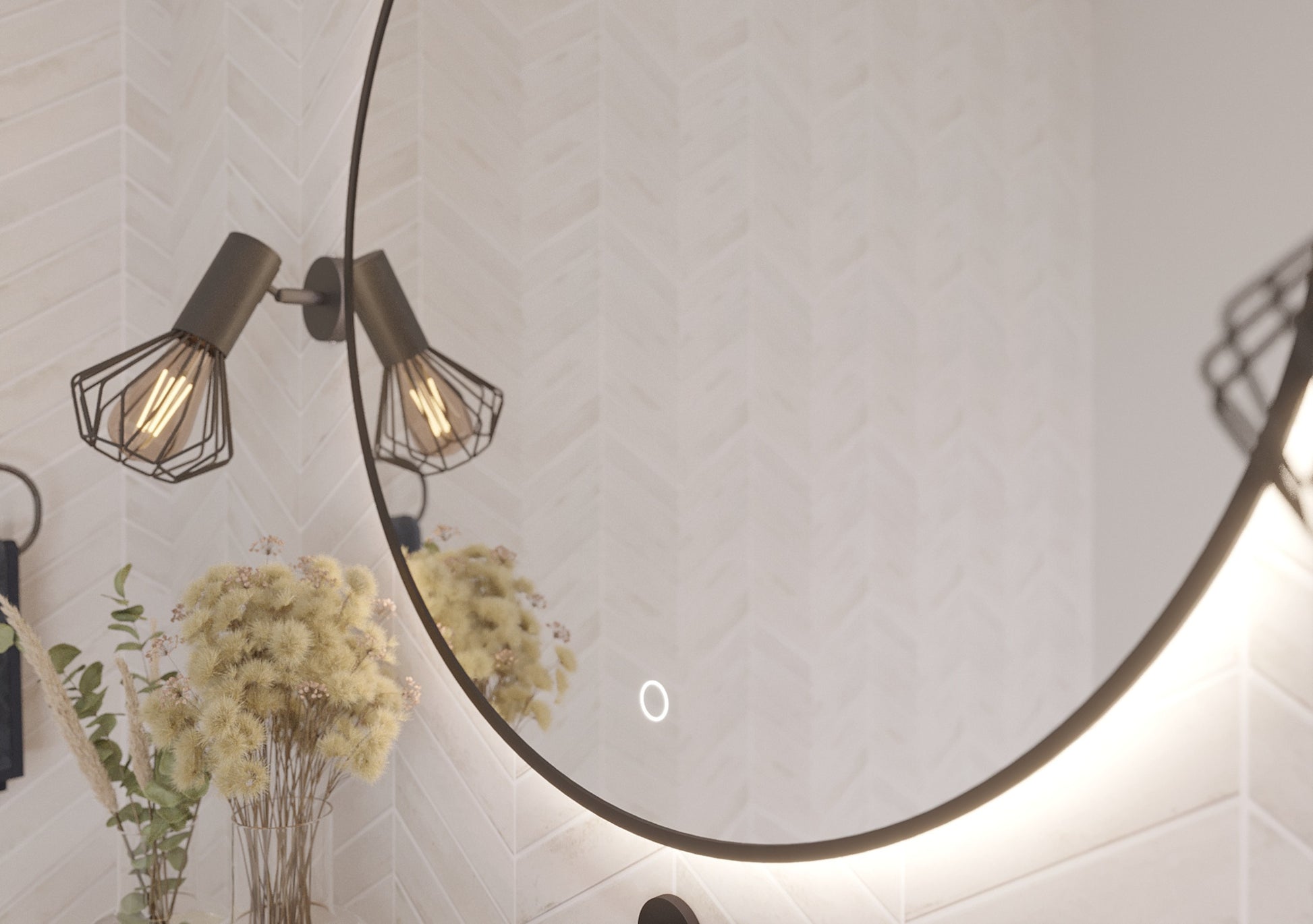 Zbliżenie na lustro Divissi A 80 cm z podświetleniem LED i dotykowym przyciskiem, widok detalu w aranżacji łazienkowej.