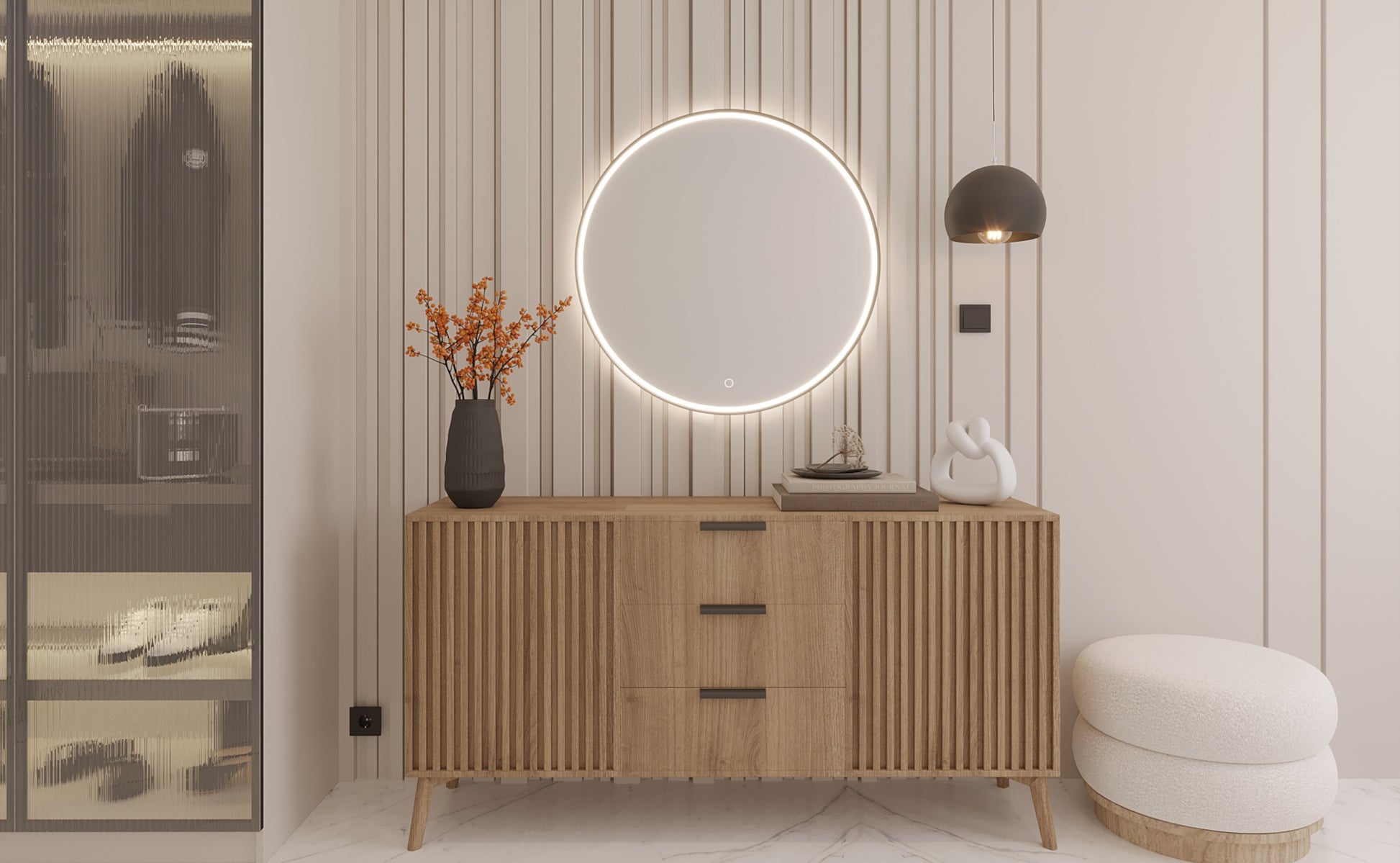 Lustro Divissi L 60 cm LED nad drewnianą komodą w nowoczesnym wnętrzu z dekoracyjnymi dodatkami.