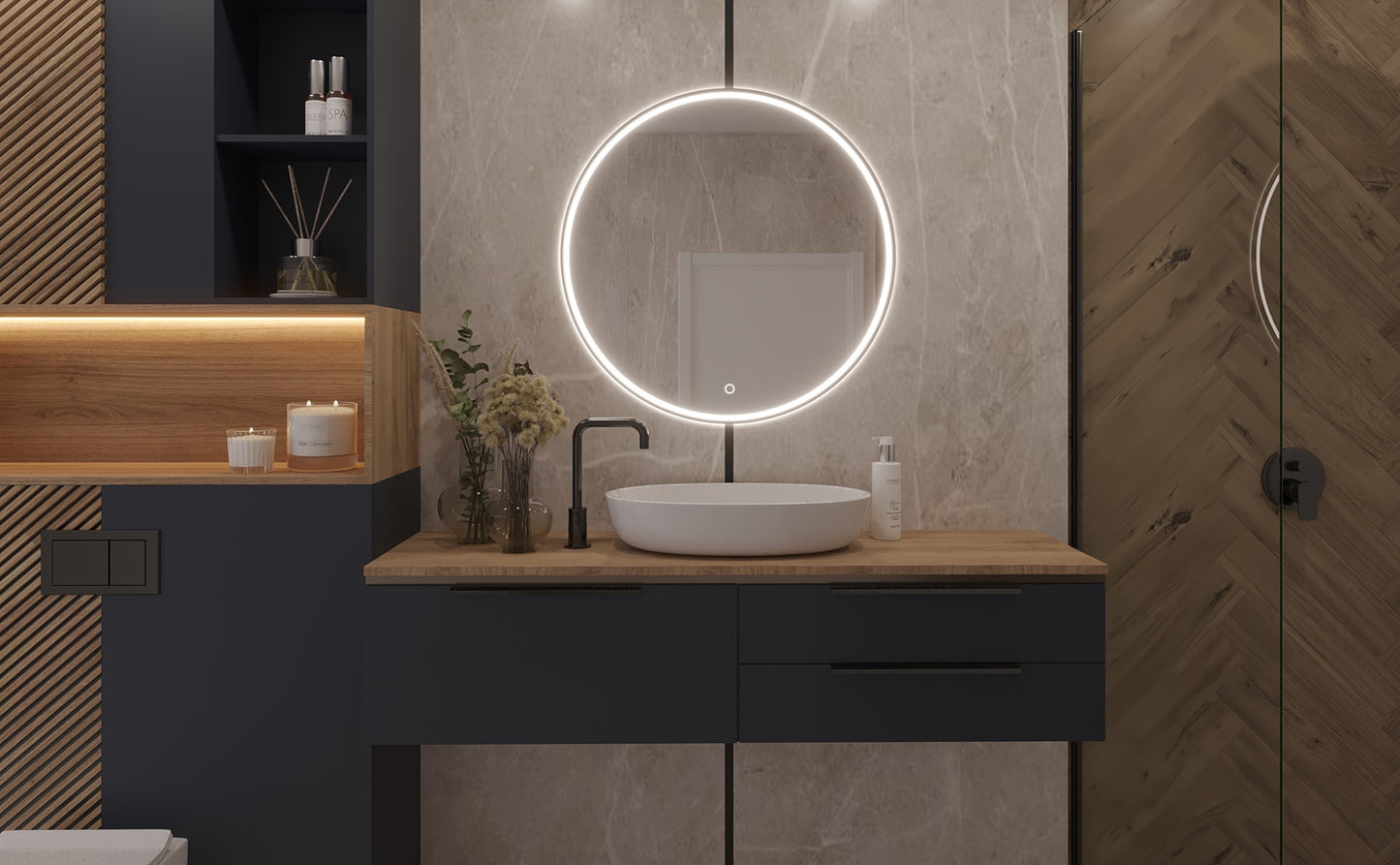 Lustro łazienkowe Divissi L 60 cm z podświetleniem LED, zamontowane nad umywalką w aranżacji z ciemnymi frontami i marmurową ścianą.