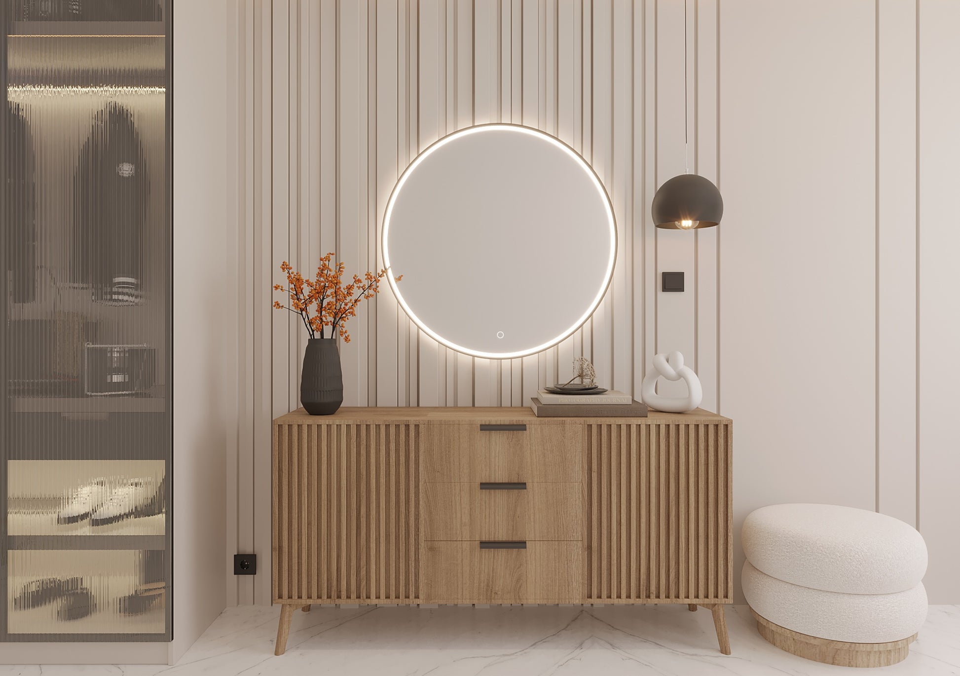 Lustro Divissi L 80 cm LED nad drewnianą komodą w eleganckim wnętrzu, aranżacja z nowoczesnym oświetleniem.