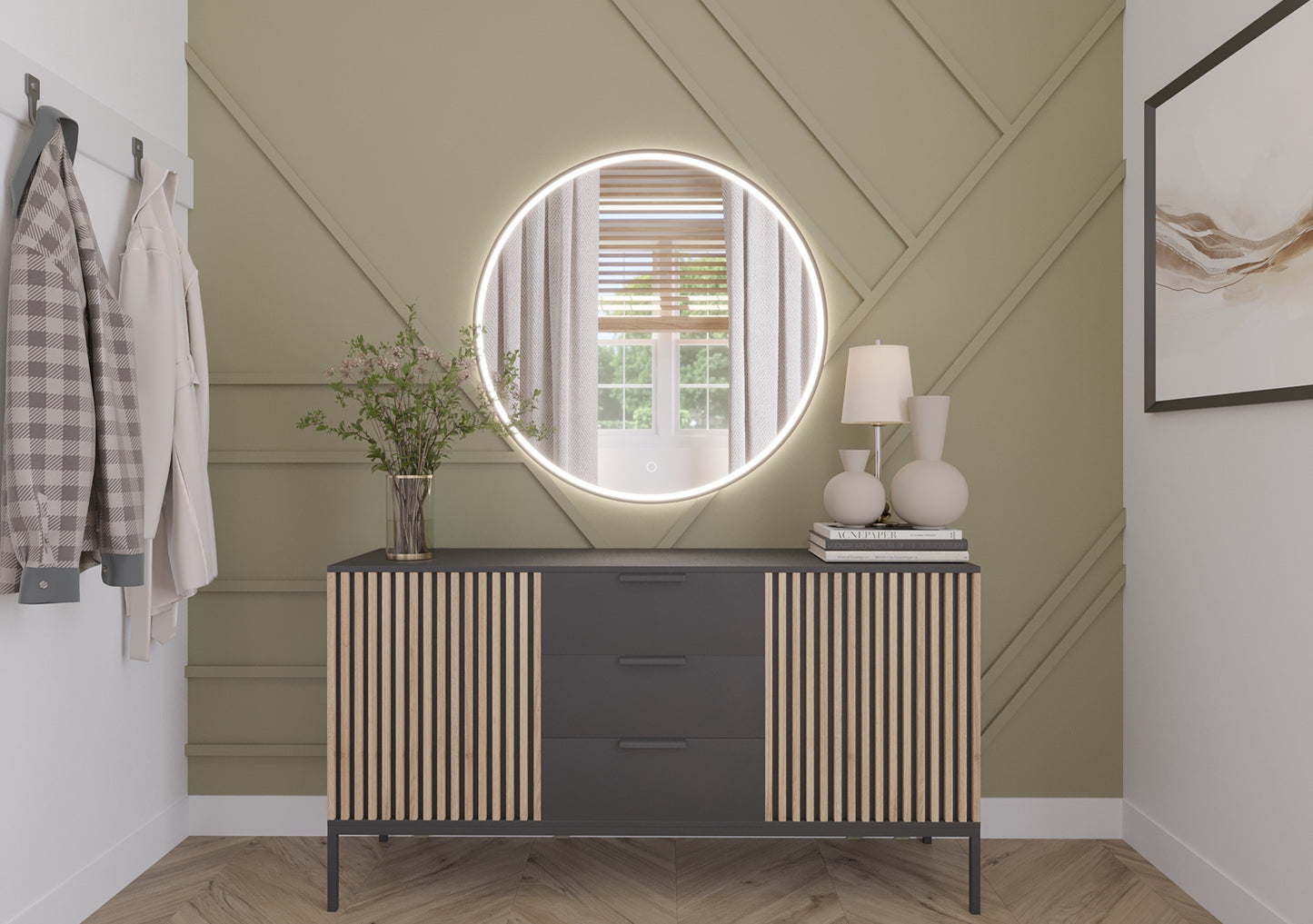 Lustro Divissi L 80 cm LED zamontowane nad komodą w przedpokoju z zieloną ścianą i dużym oknem w tle.