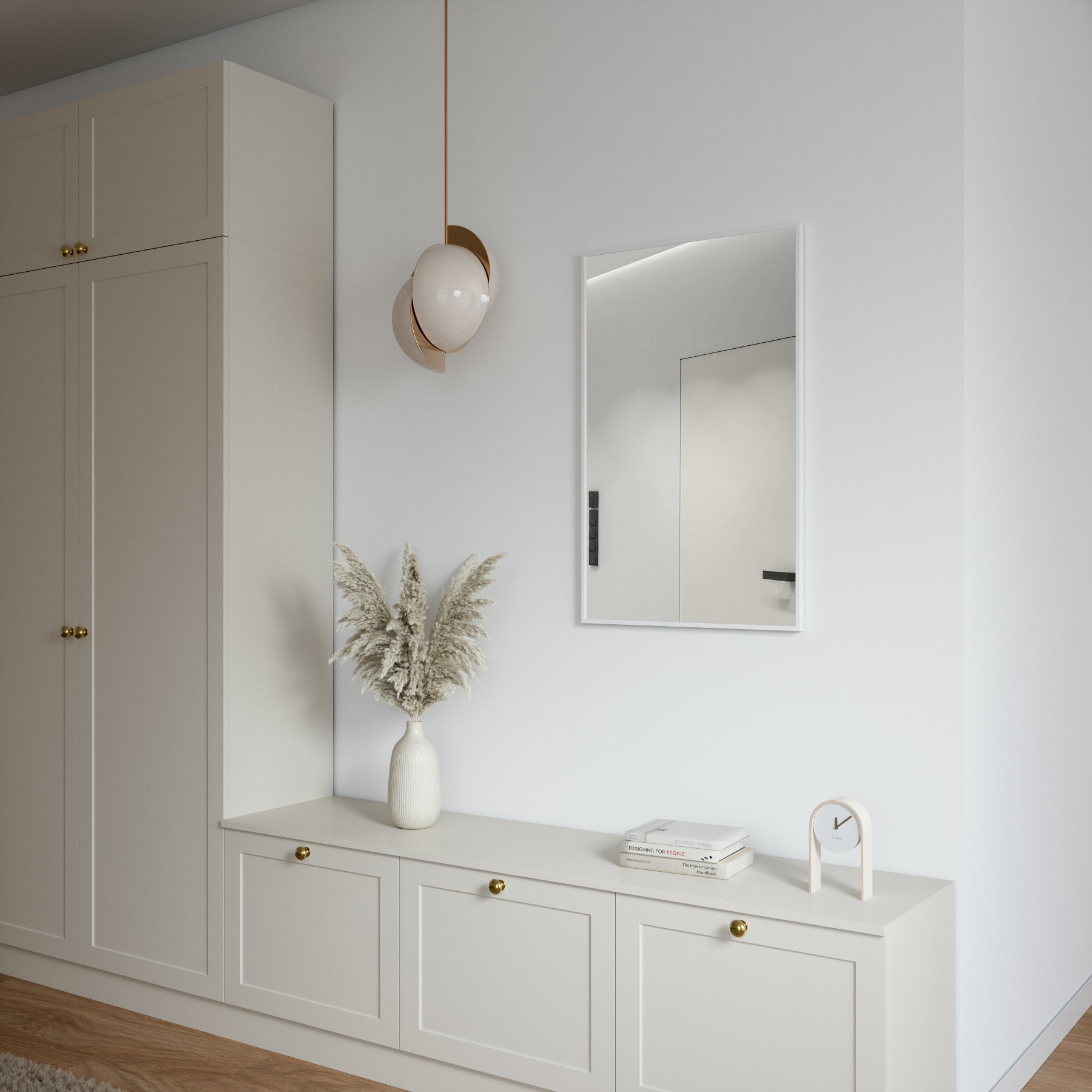 Lustro ścienne Fellan 60×70 cm w białej ramie – aranżacja w jasnym wnętrzu