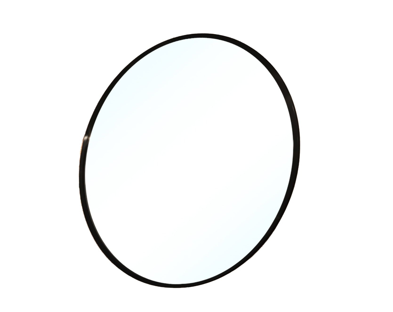 Okrągłe lustro Grace o średnicy 100 cm w czarnej ramie, widok na białym tle.