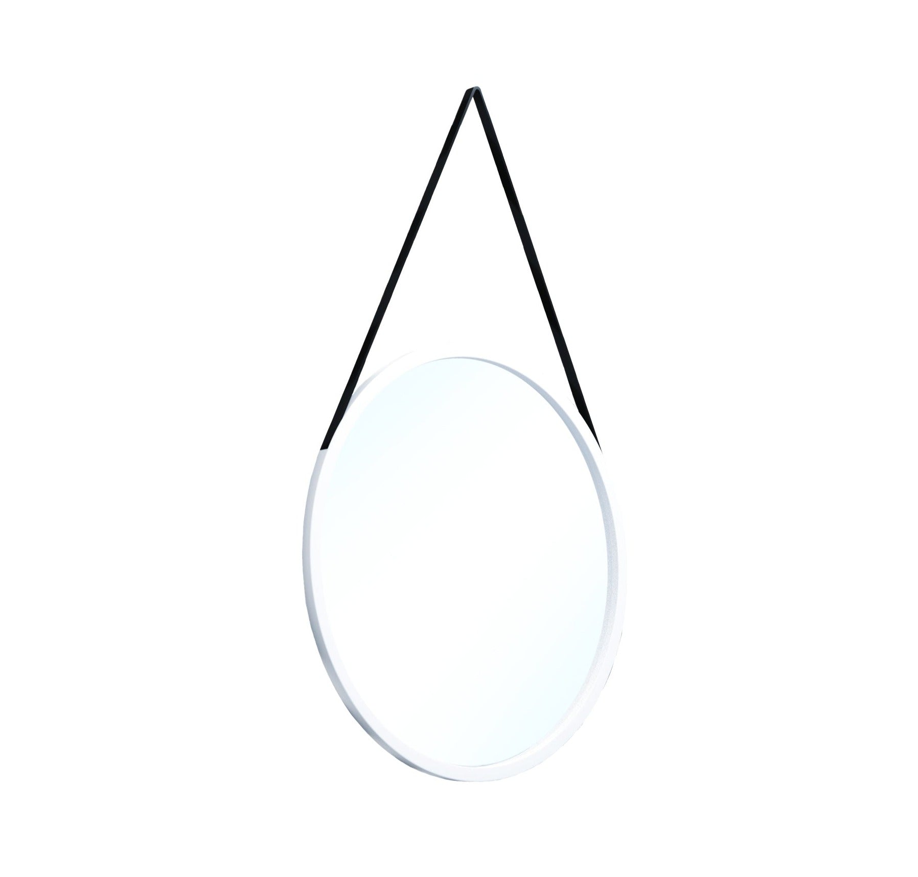 Okrągłe lustro Grace I o średnicy 60 cm w białej ramie, zawieszone na pasku, widok na białym tle.