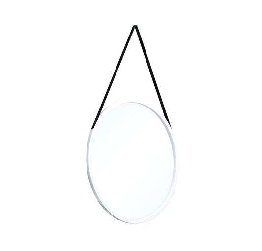 Okrągłe lustro Grace I o średnicy 60 cm w białej ramie, zawieszone na pasku, widok na białym tle.