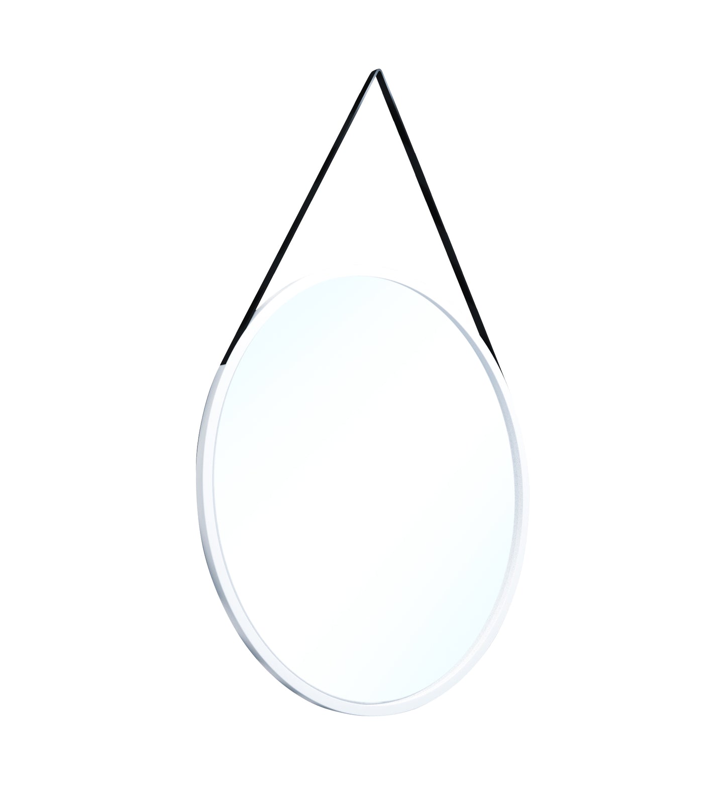 Okrągłe lustro Grace I o średnicy 80 cm w białej ramie, zawieszone na pasku, widok na białym tle.