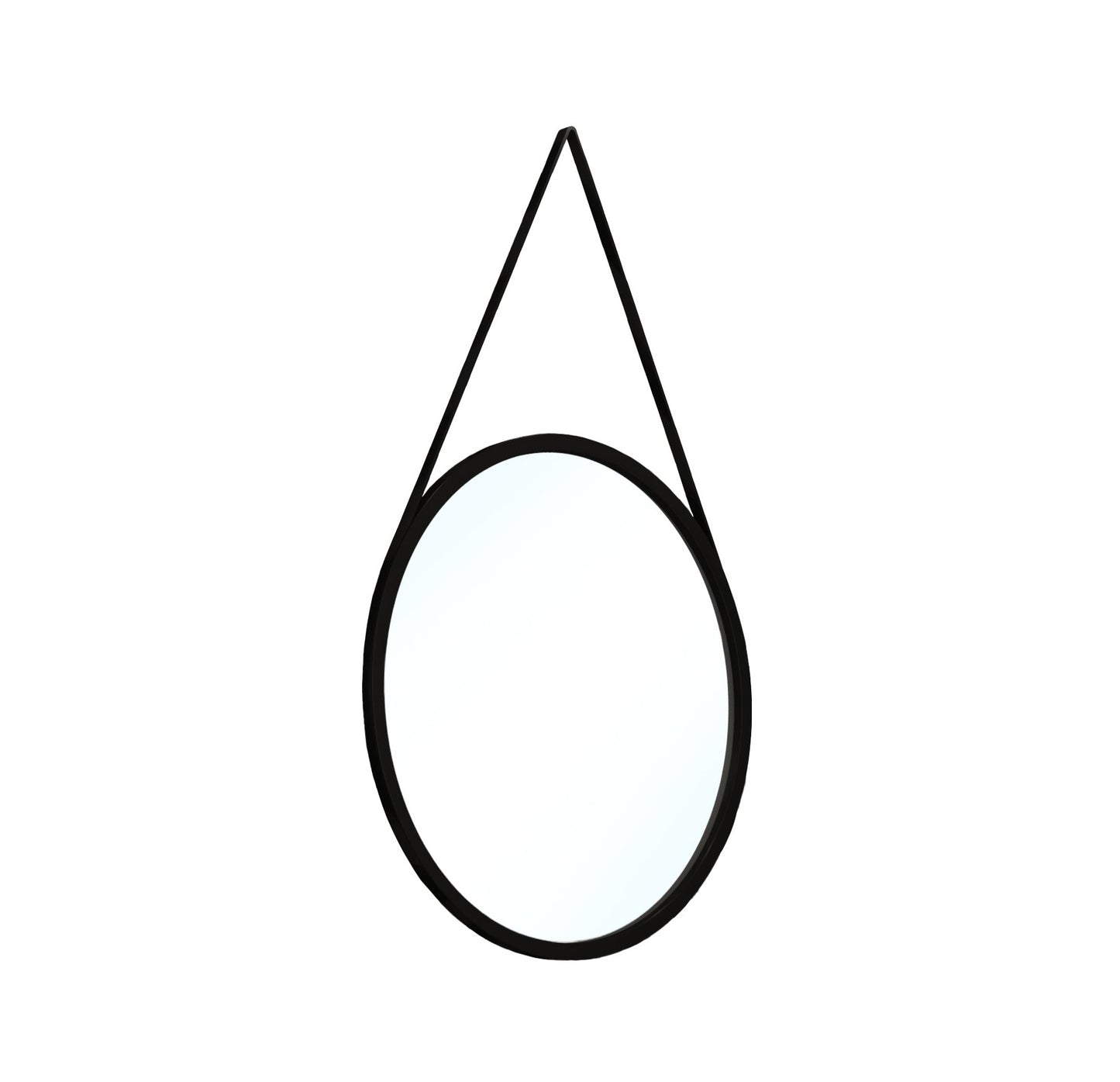 Okrągłe lustro Grace I o średnicy 60 cm w czarnej ramie, zawieszone na pasku, widok na białym tle.