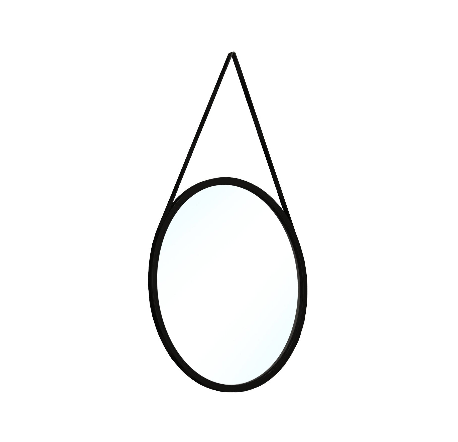 Okrągłe lustro Grace I o średnicy 60 cm w czarnej ramie, zawieszone na pasku, widok na białym tle.