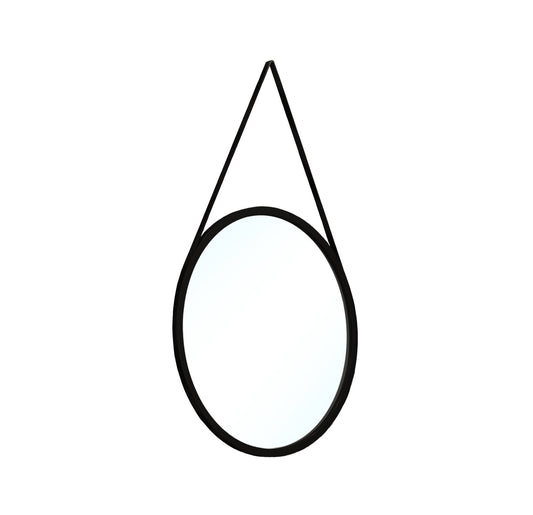 Okrągłe lustro Grace I o średnicy 60 cm w czarnej ramie, zawieszone na pasku, widok na białym tle.