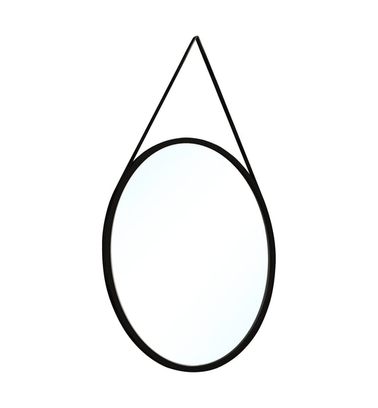 Okrągłe lustro Grace I o średnicy 80 cm w czarnej ramie, zawieszone na pasku, widok na białym tle.