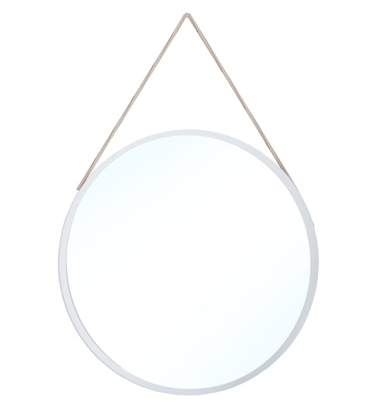 Okrągłe lustro Grace II o średnicy 80 cm w białej ramie, zawieszone na jasnym pasku, widok na białym tle.