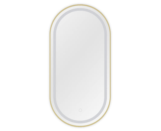 Owalne lustro Micedi L LED w złotej ramie z nowoczesnym podświetleniem LED i dotykowym włącznikiem. Eleganckie lustro doskonale sprawdzi się w łazience, przedpokoju lub garderobie, zapewniając komfort codziennego użytkowania oraz efektowne oświetlenie.