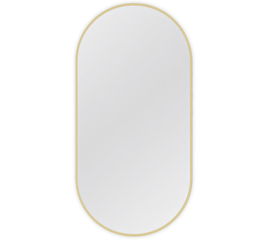 Owalne lustro Micedi w eleganckiej złotej ramie o minimalistycznym designie. Pionowe lustro ścienne doskonale sprawdzi się w łazience, przedpokoju, sypialni lub garderobie, optycznie powiększając przestrzeń i dodając wnętrzu nowoczesnego charakteru.